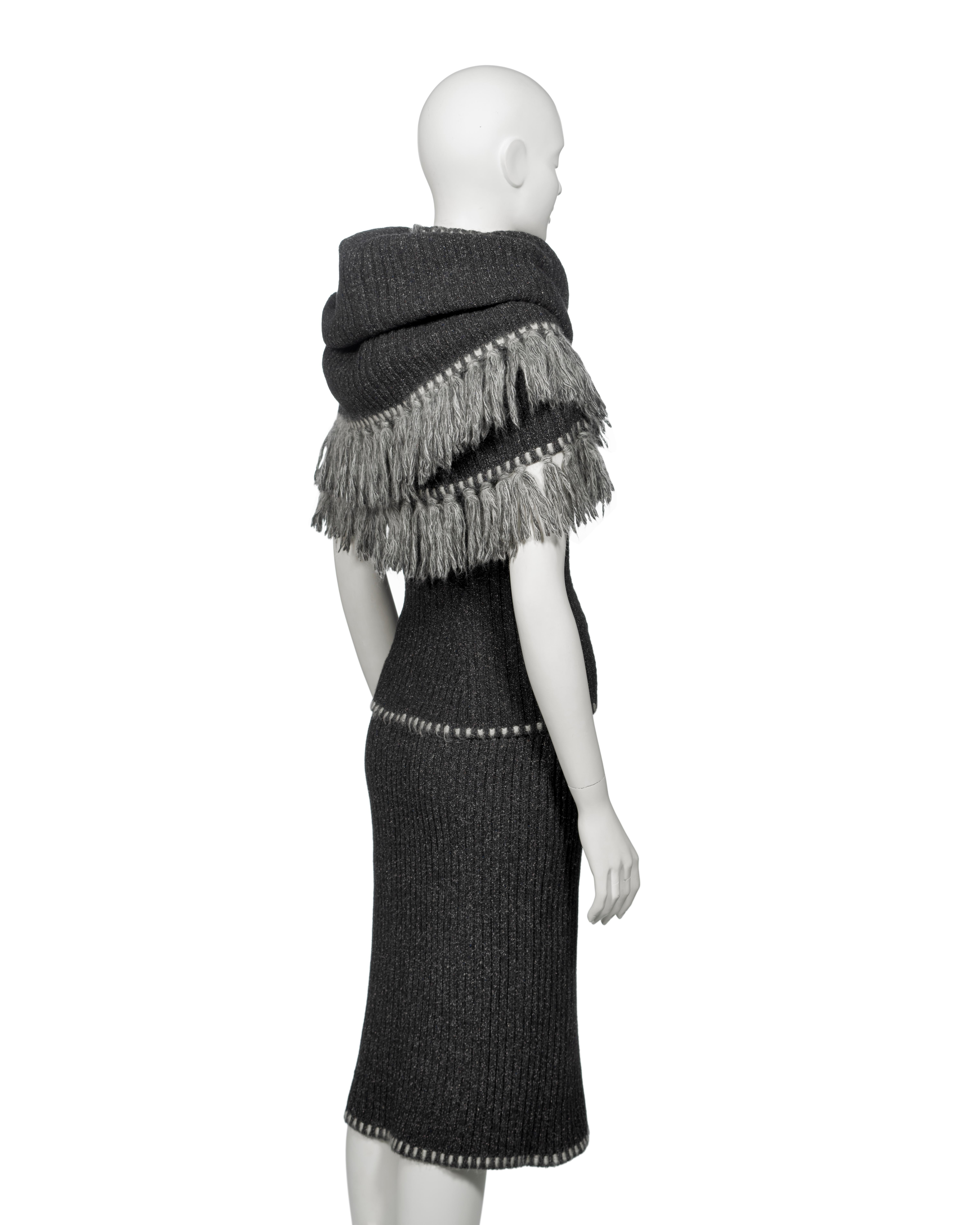 Christian Dior by John Galliano Grey Knit Ensemble with Fringe Scarf, FW 1999 For Sale 3