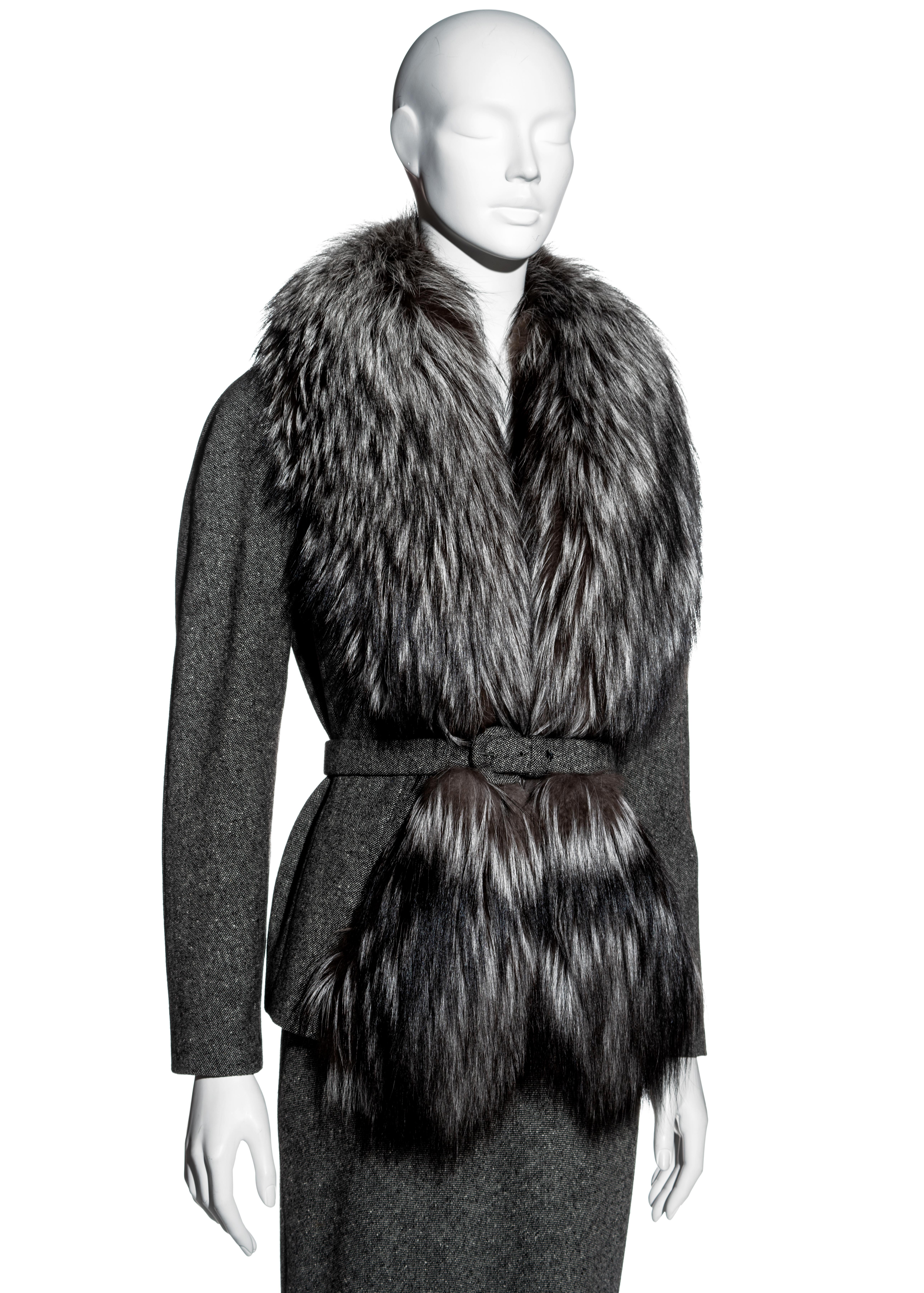 Black Christian Dior by John Galliano grey tweed maxi skirt suit with fox fur, fw 1998