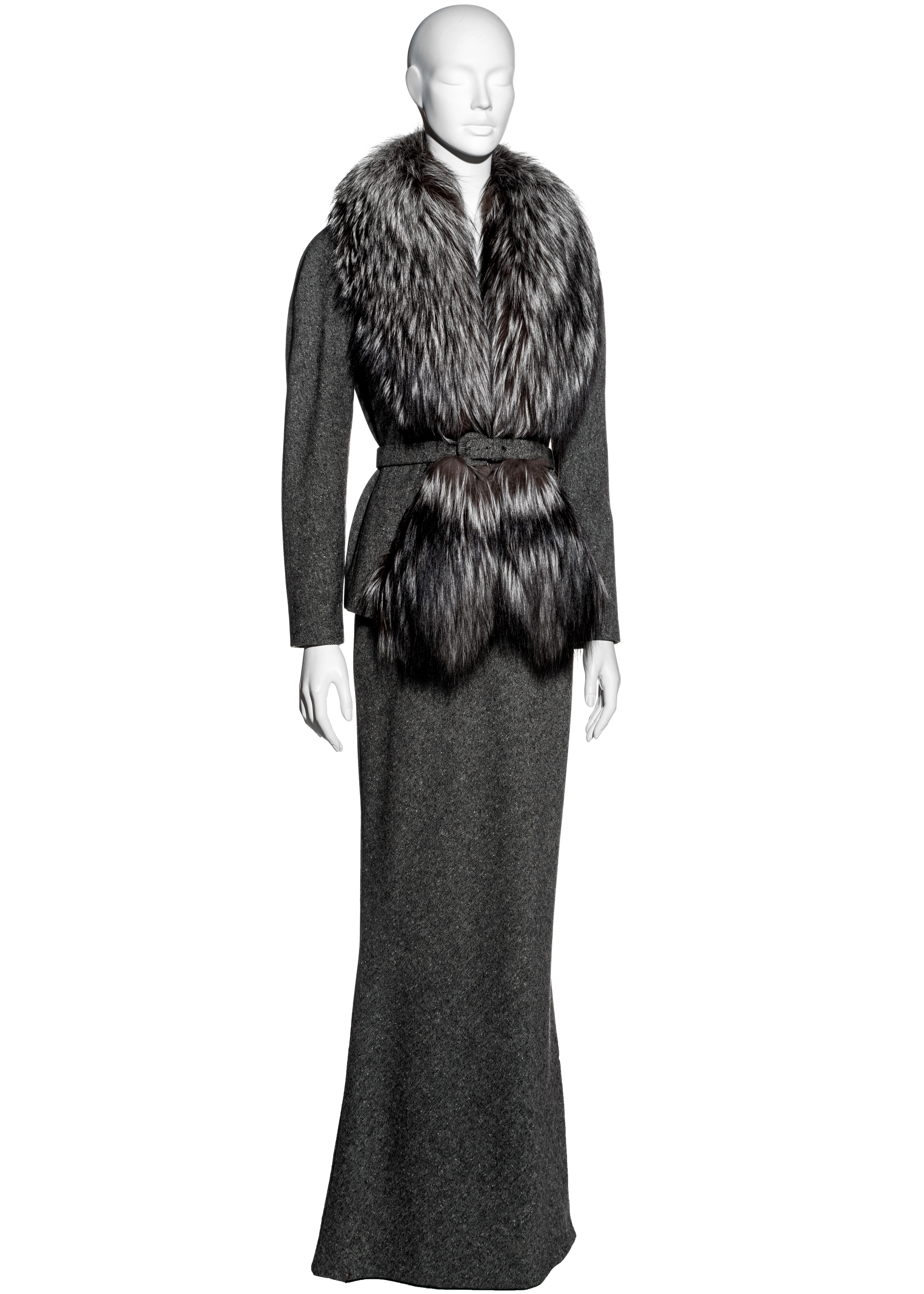 Christian Dior by John Galliano grey tweed maxi skirt suit with fox fur, fw 1998 In Excellent Condition In London, GB