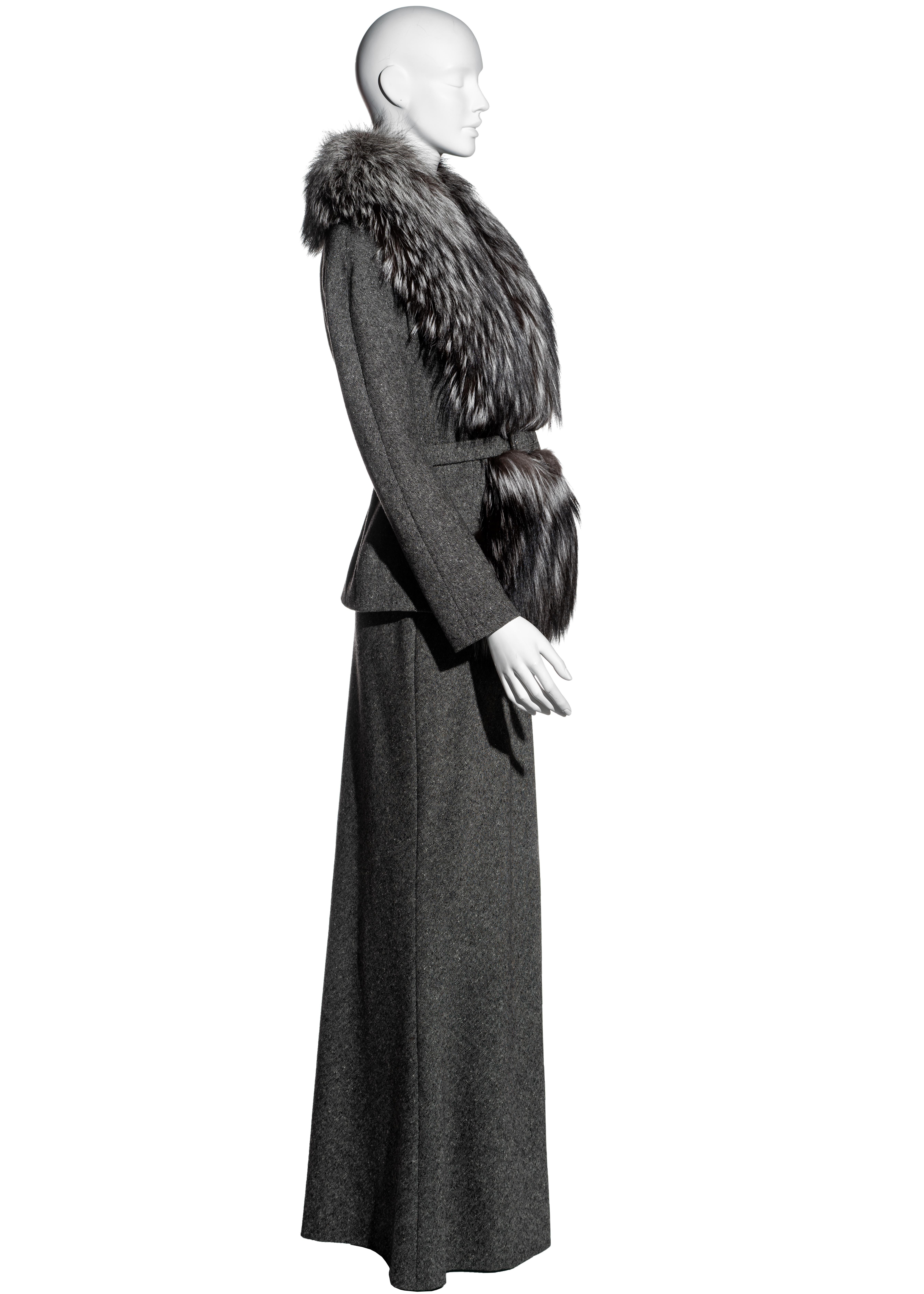 Christian Dior by John Galliano grey tweed maxi skirt suit with fox fur, fw 1998 1