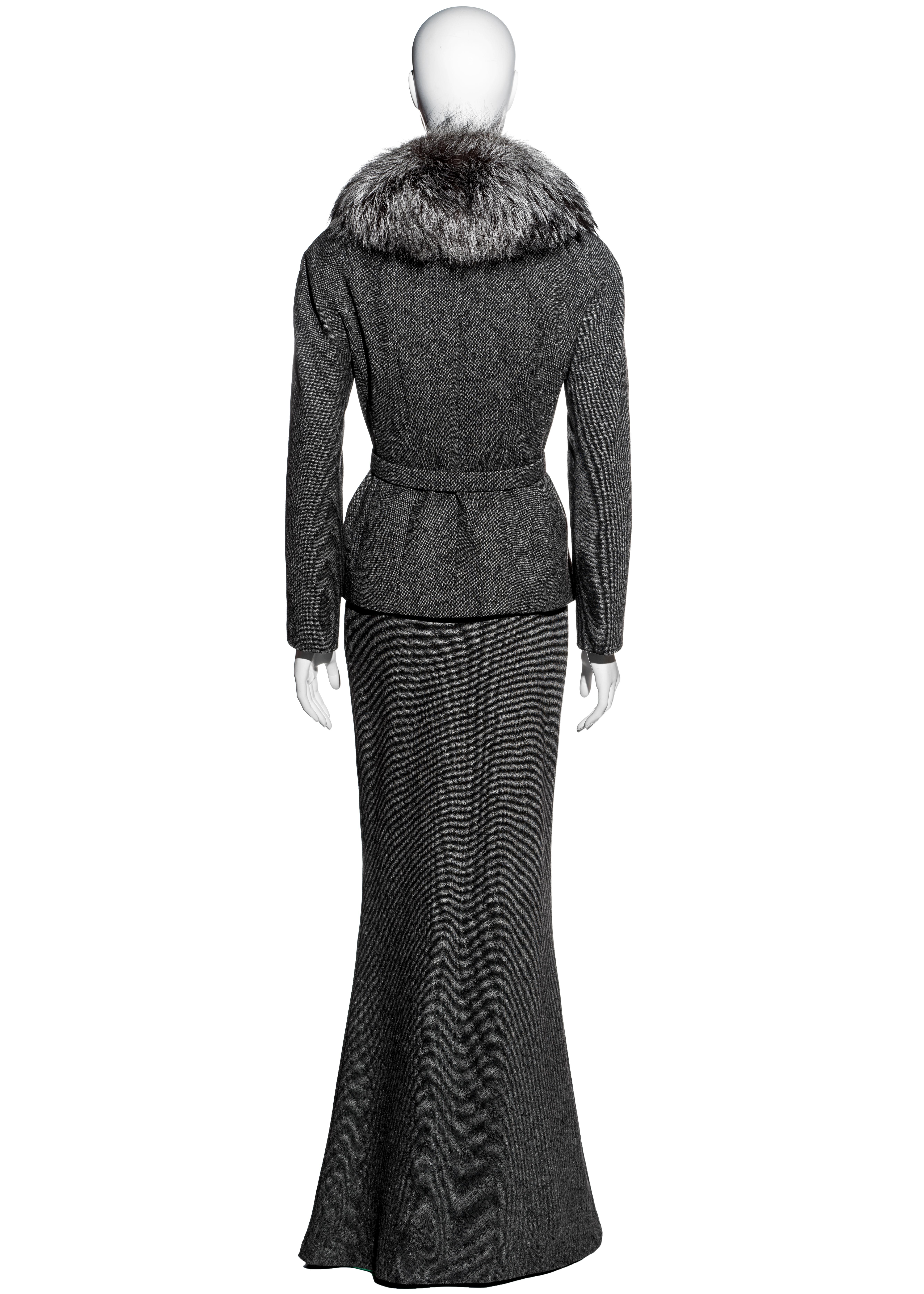 Christian Dior by John Galliano grey tweed maxi skirt suit with fox fur, fw 1998 2