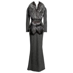 Christian Dior by John Galliano grey tweed maxi skirt suit with fox fur, fw 1998