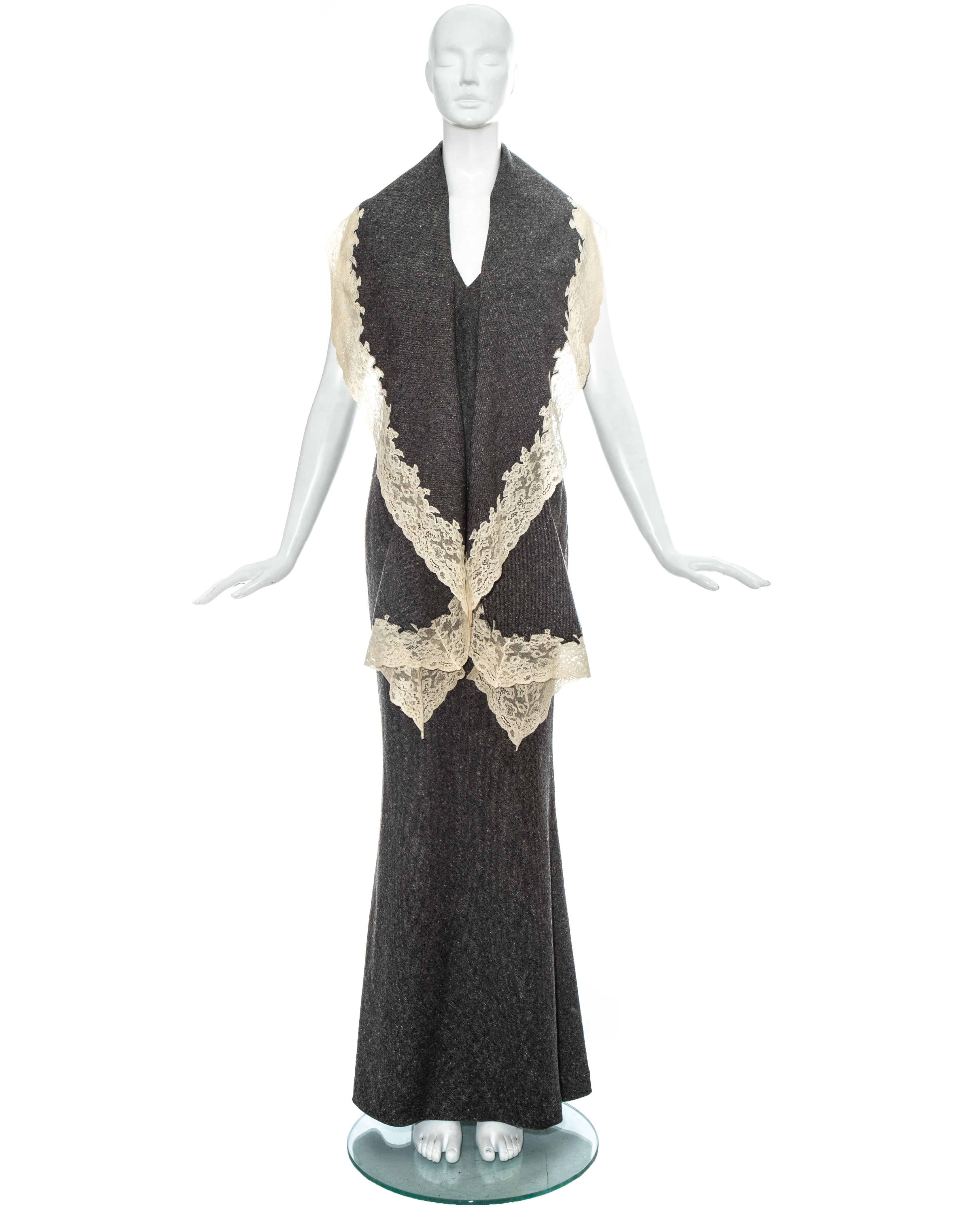 Christian Dior by John Galliano grey tweed wool maxi dress with open back and large shawl with cream lace trim attached from the halter neck. Can be styled in multiple ways.

Fall-Winter 1998