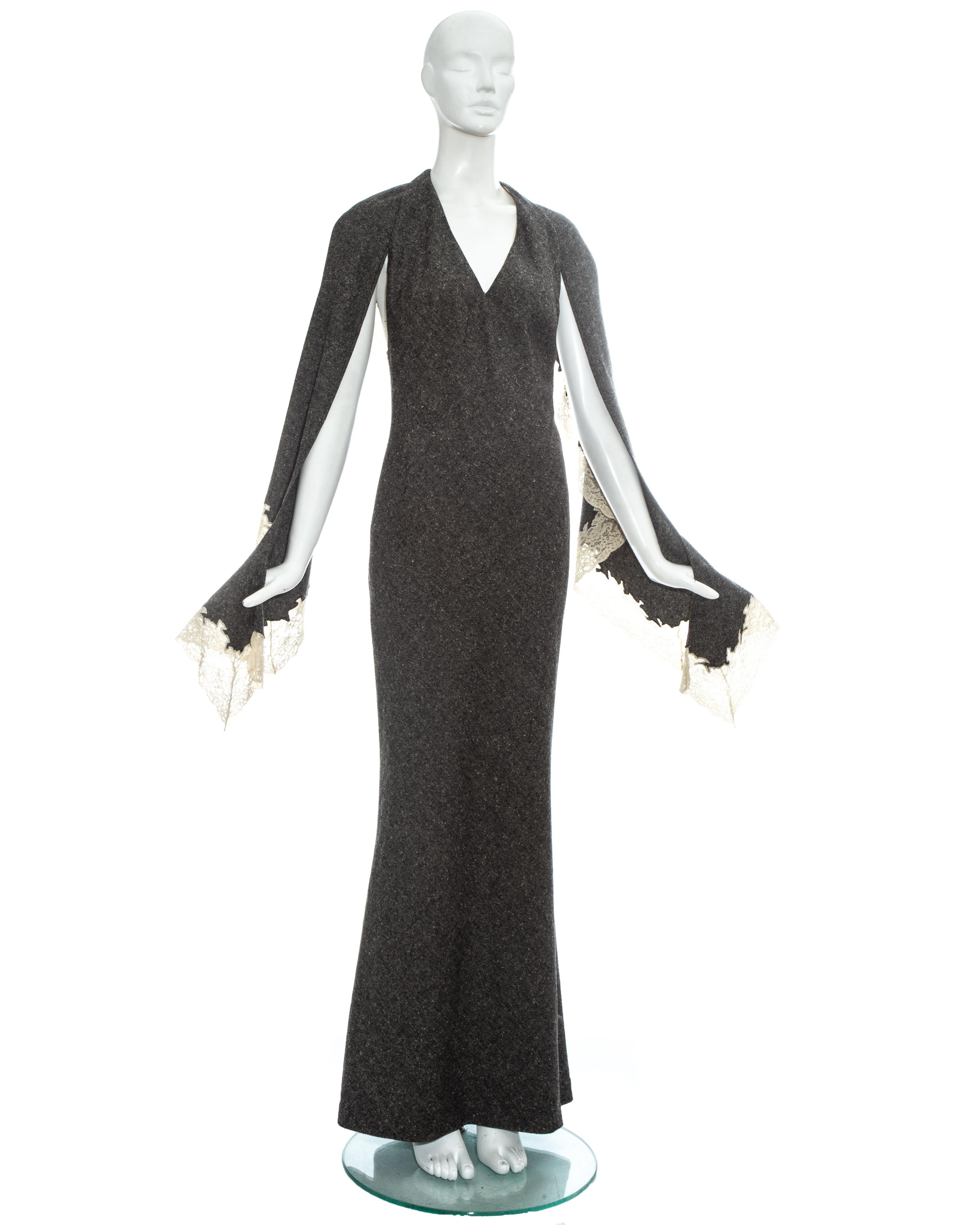Women's Christian Dior by John Galliano grey wool dress with cream lace trim, fw 1998