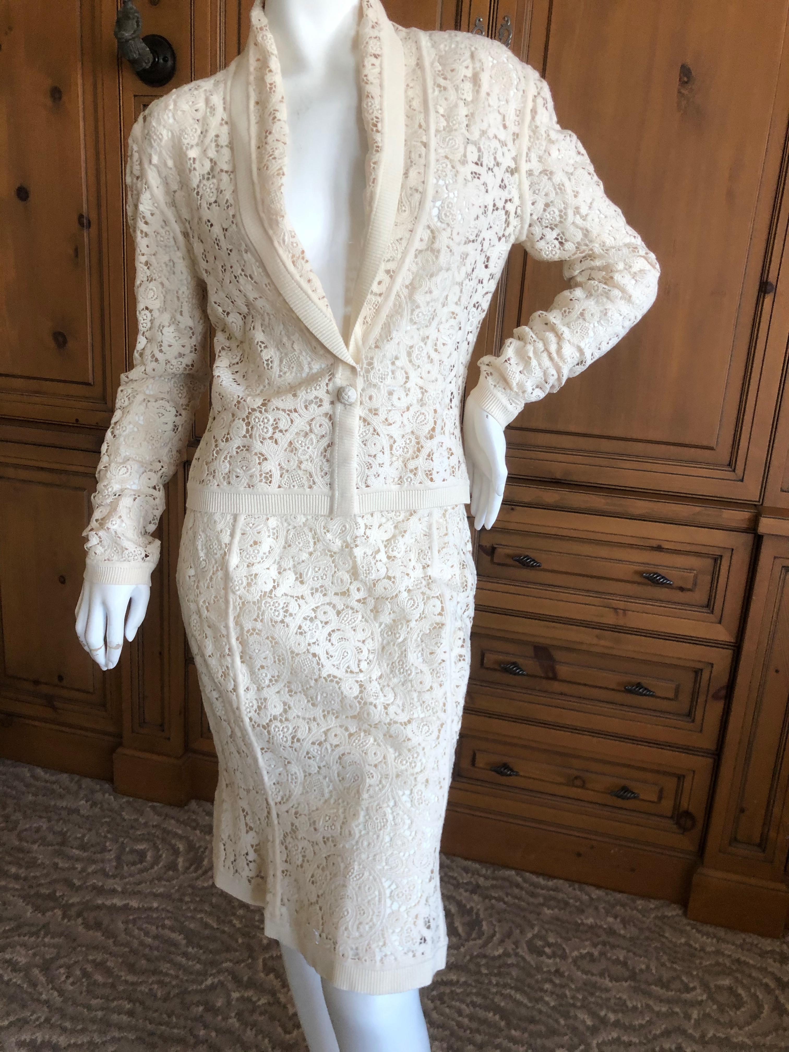 Christian Dior by John Galliano Ivory Lace Skirt Suit with Ribbed Trim
Size M
Bust 36