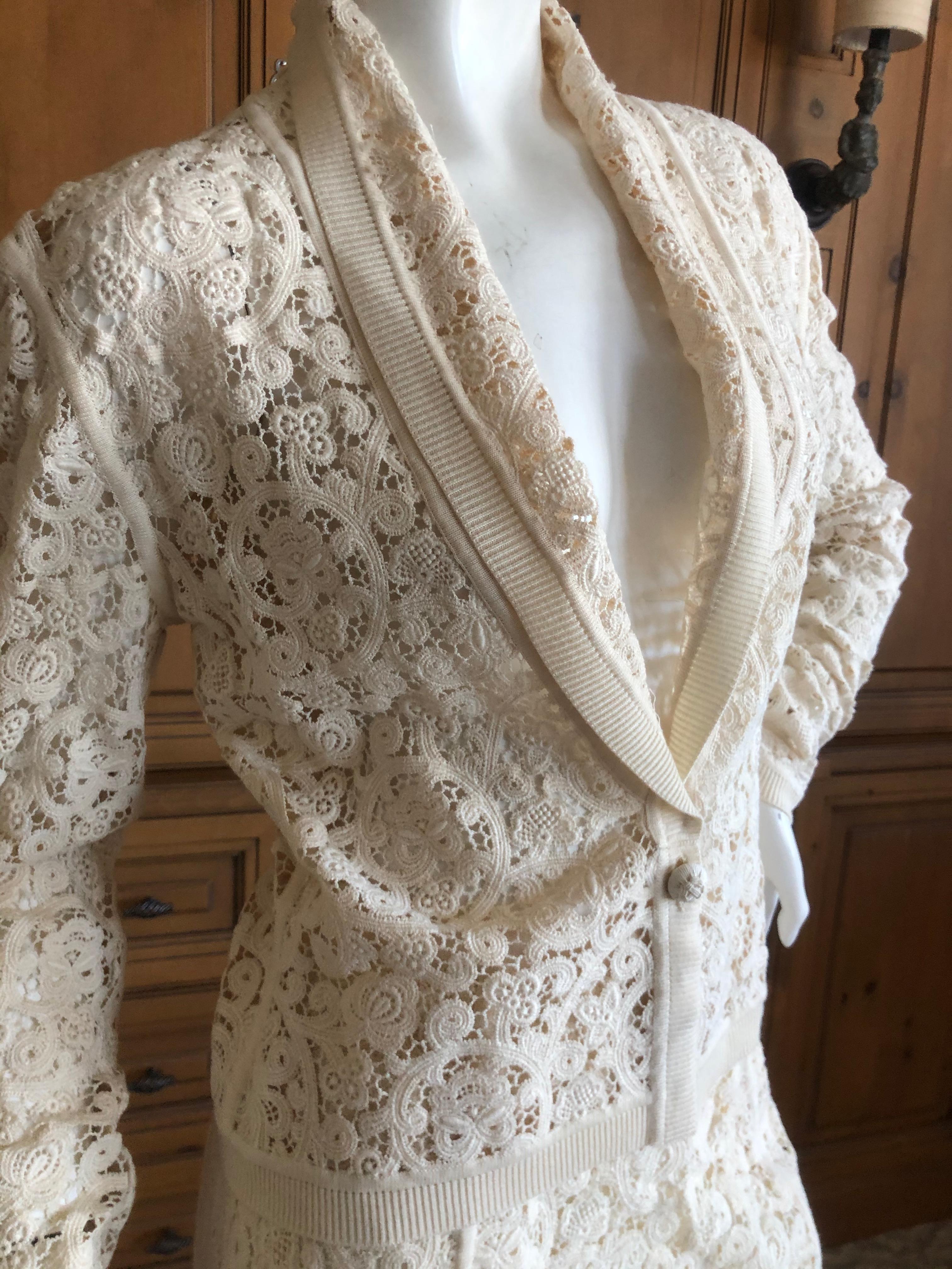 Christian Dior by John Galliano Ivory Lace Skirt Suit with Ribbed Trim In Good Condition For Sale In Cloverdale, CA