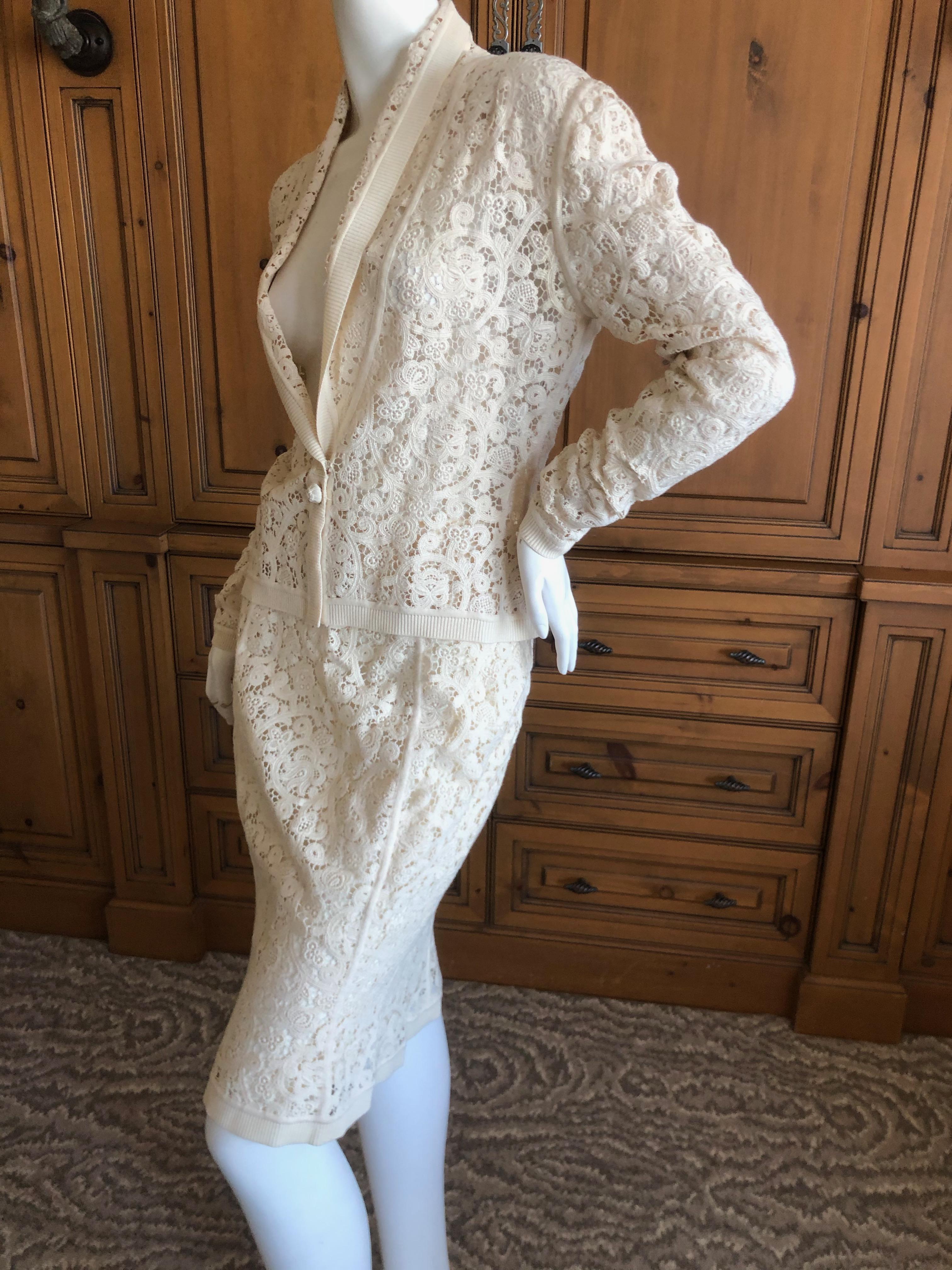 Christian Dior by John Galliano Ivory Lace Skirt Suit with Ribbed Trim For Sale 1
