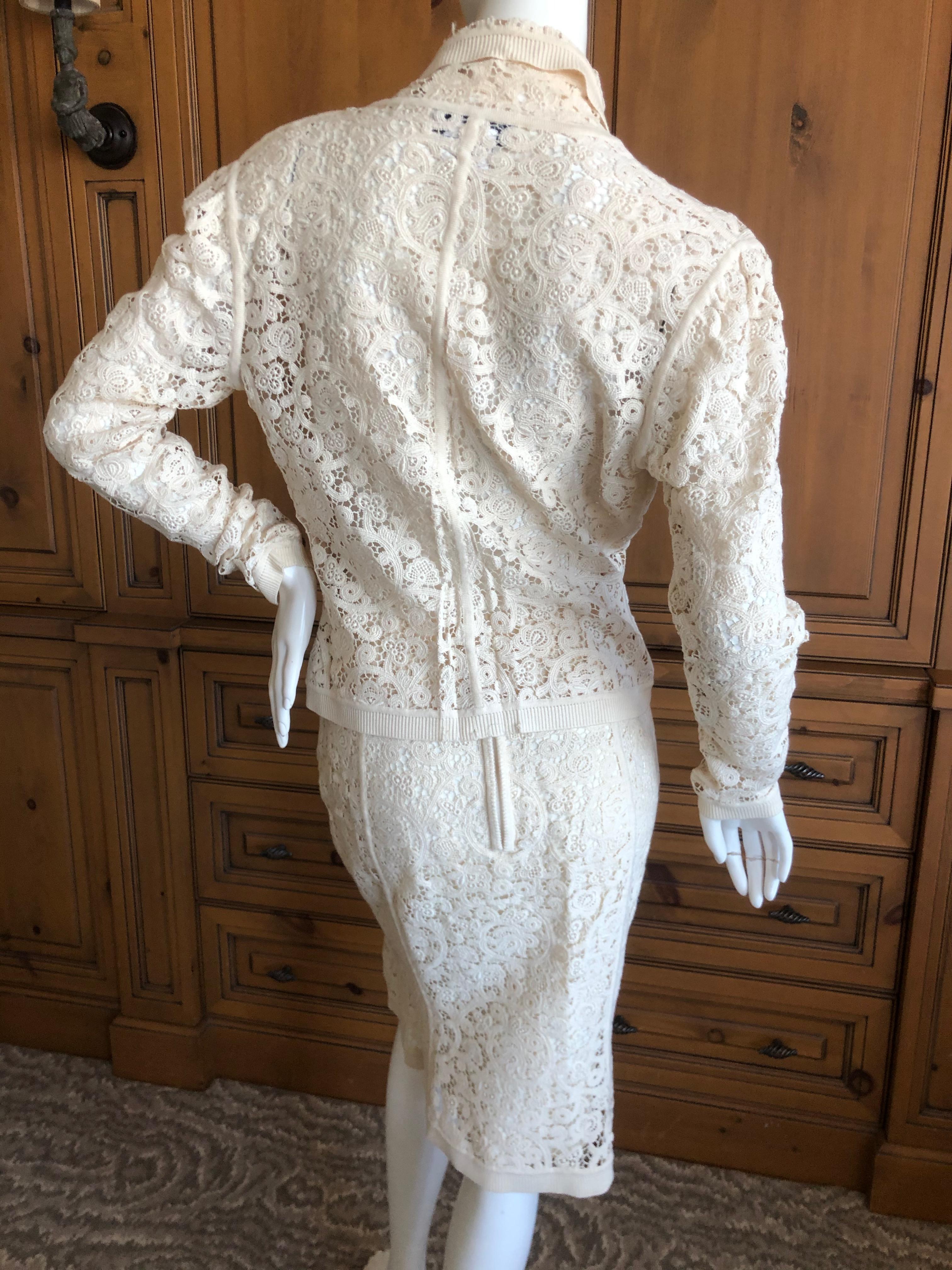 Christian Dior by John Galliano Ivory Lace Skirt Suit with Ribbed Trim For Sale 2