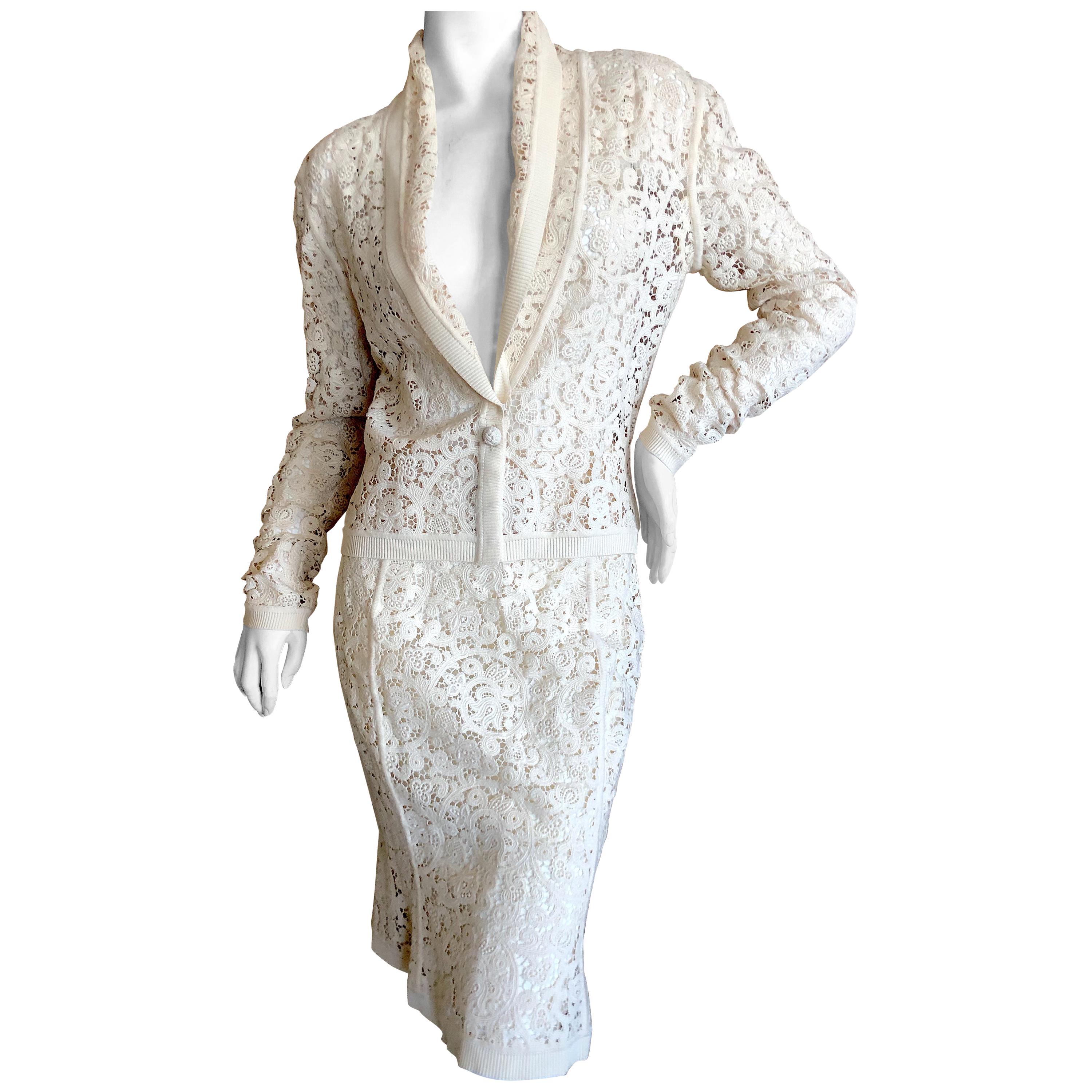 Christian Dior by John Galliano Ivory Lace Skirt Suit with Ribbed Trim For Sale