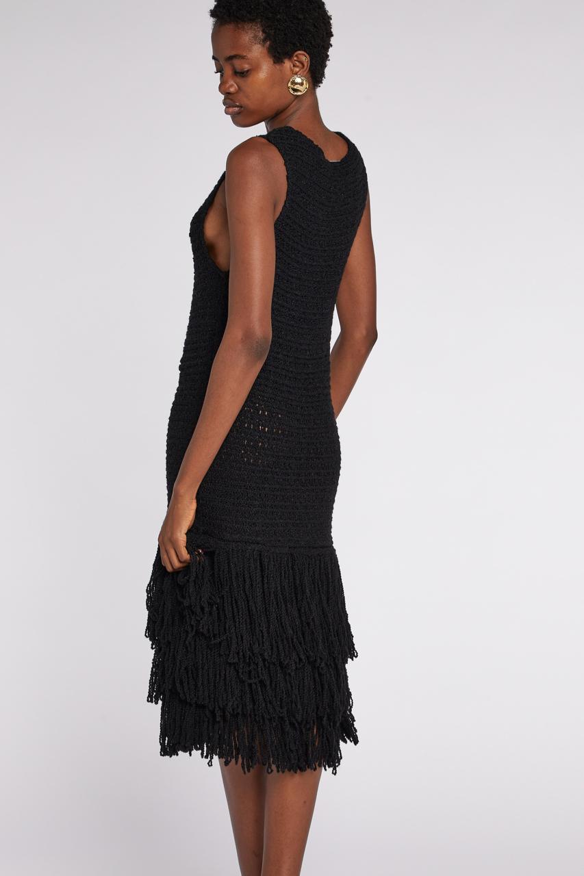 - Autumn/Winter 2007 Christian Dior by John Galliano

- Sold by Mae Vintage 

- Black knitted dress with three layers of fringing

- Wool & alpaca blend