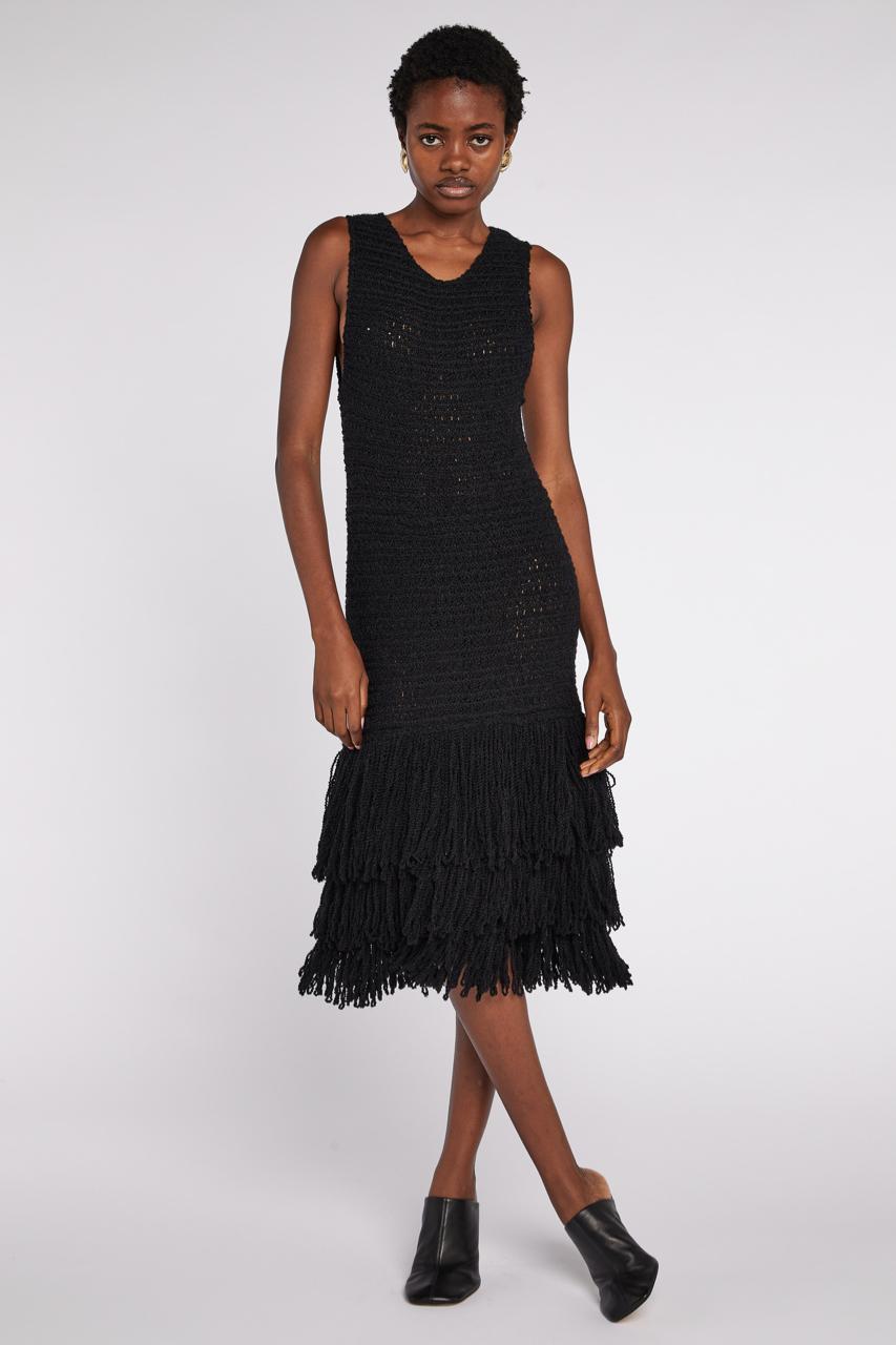 Black Christian Dior by John Galliano Knitted Dress with Fringing A/W 2007 For Sale