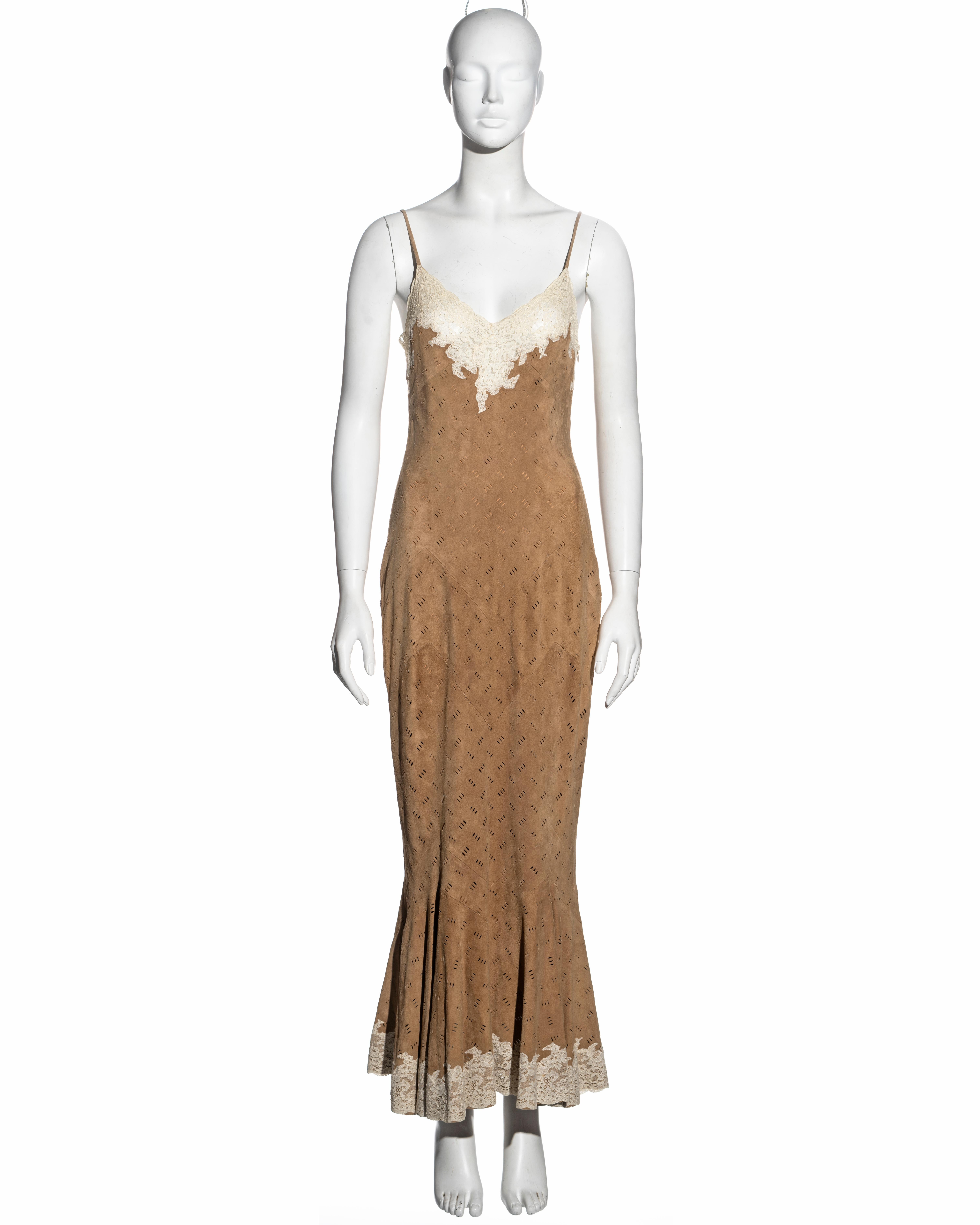 ▪ Brand: Christian Dior 
▪ Creative Director: John Galliano 
▪ Collection: Fall-Winter 1999 
▪ Fabric: Laser-Cut Suede, Lace, Silk 
▪ Details: Cream lace trim 
▪ Size: FR 40 - UK12 - US8 
▪ Made in: France 
▪ Condition: Very Good 
▪ Mannequin: 183