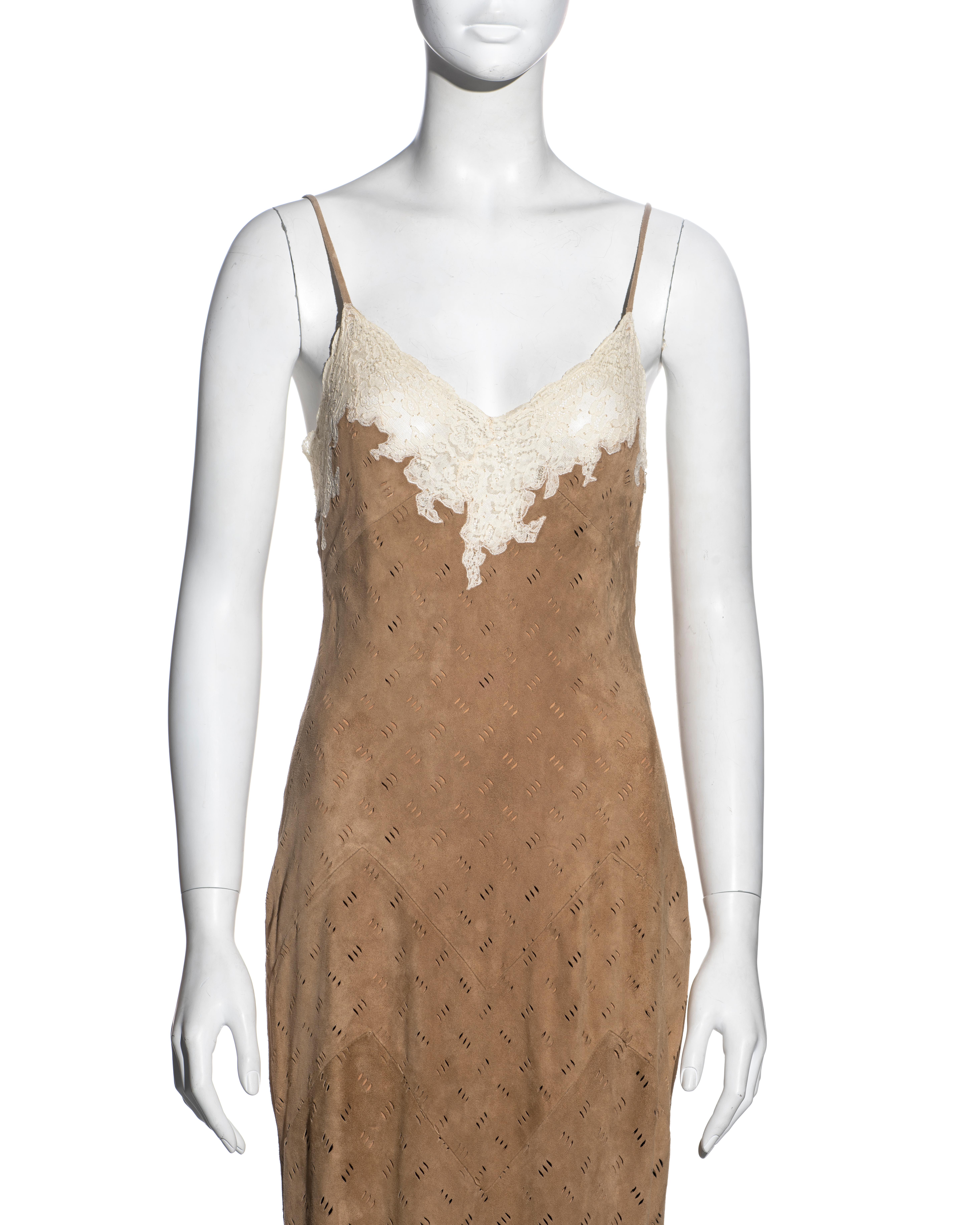 Women's Christian Dior by John Galliano Brown and Cream Suede and Lace Dress, FW 1999 For Sale