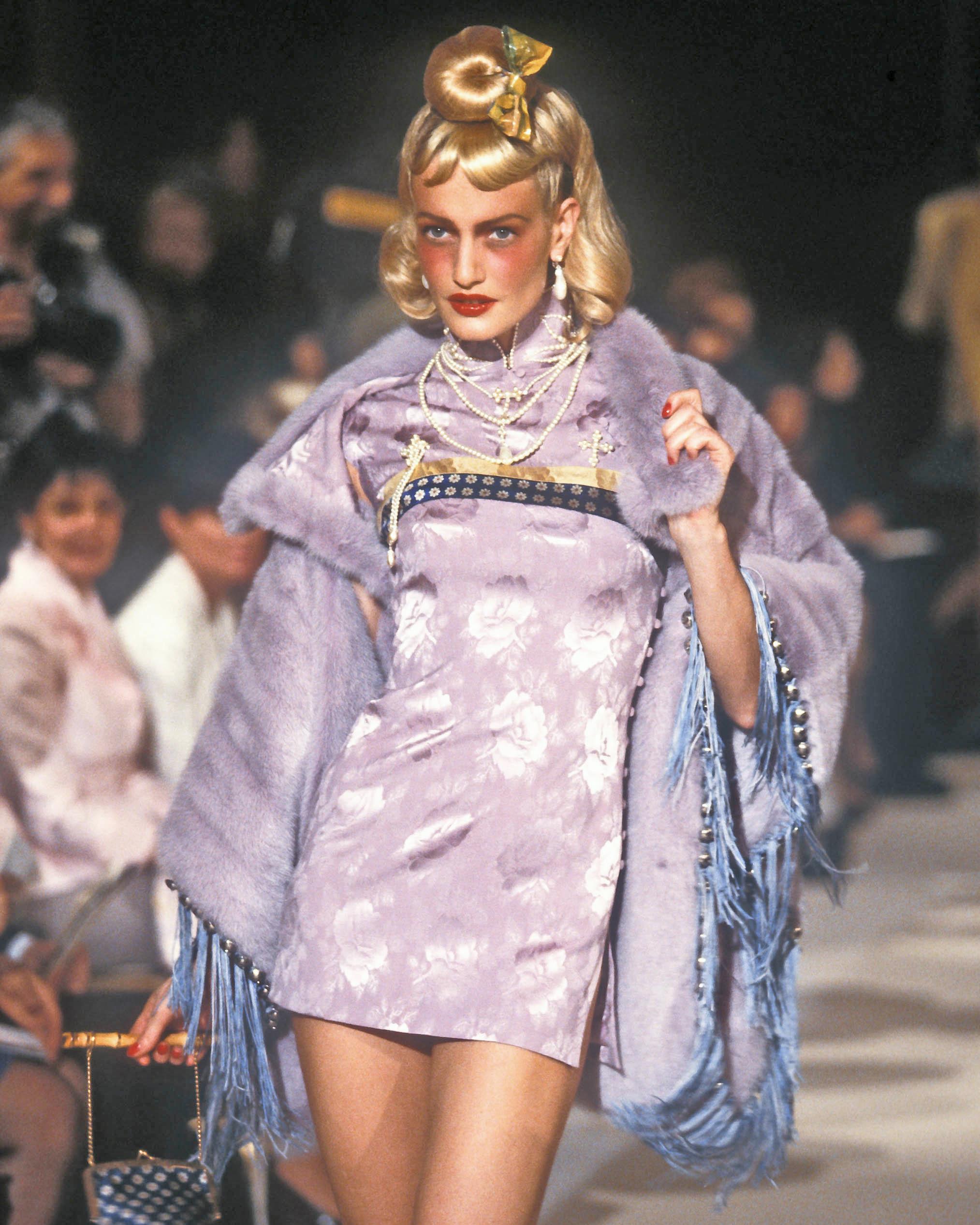 Women's Christian Dior by John Galliano lilac floral silk damask mini dress, fw 1997