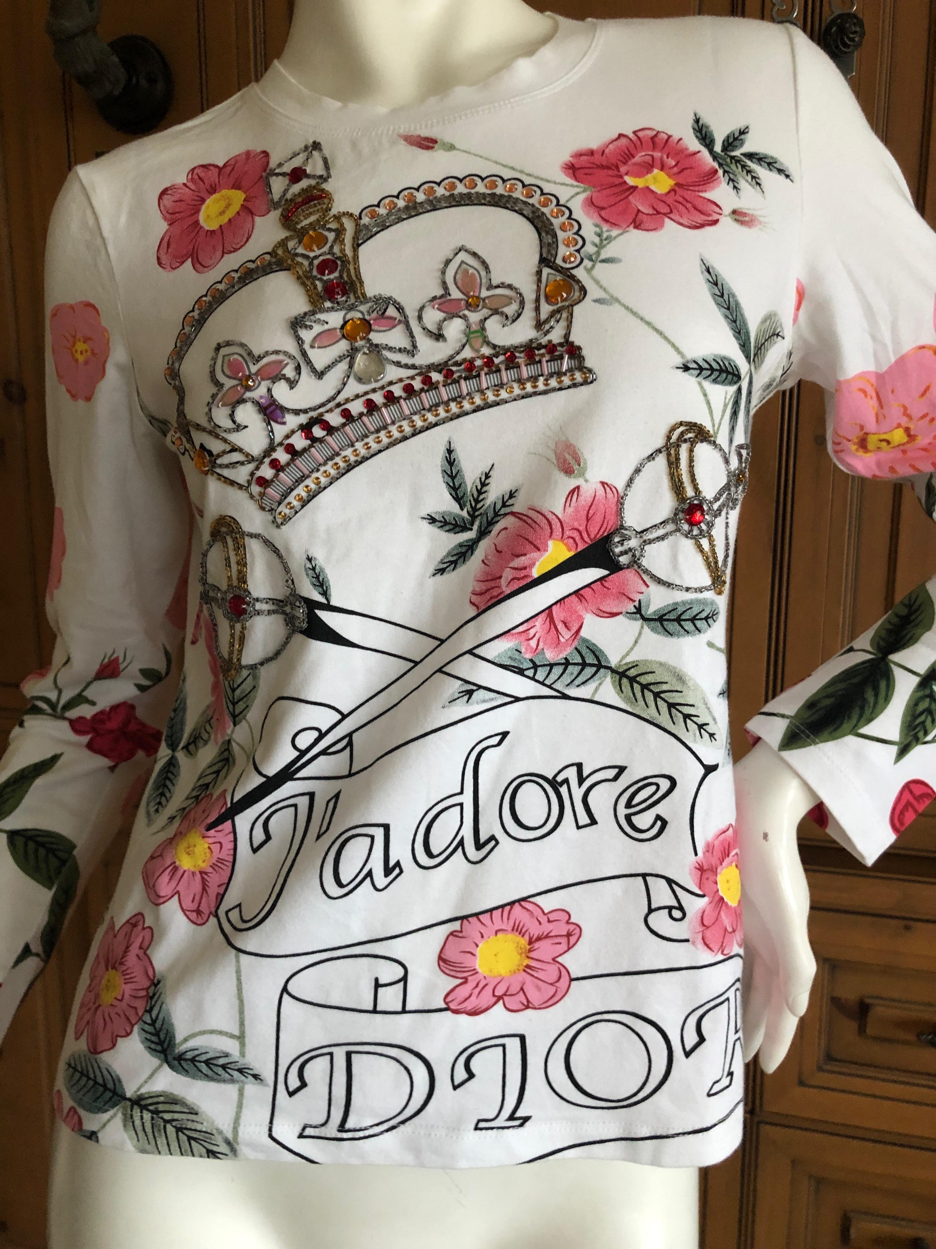 Christian Dior by John Galliano Long Sleeve Embellished Crown Scepter Cotton Top In Excellent Condition For Sale In Cloverdale, CA