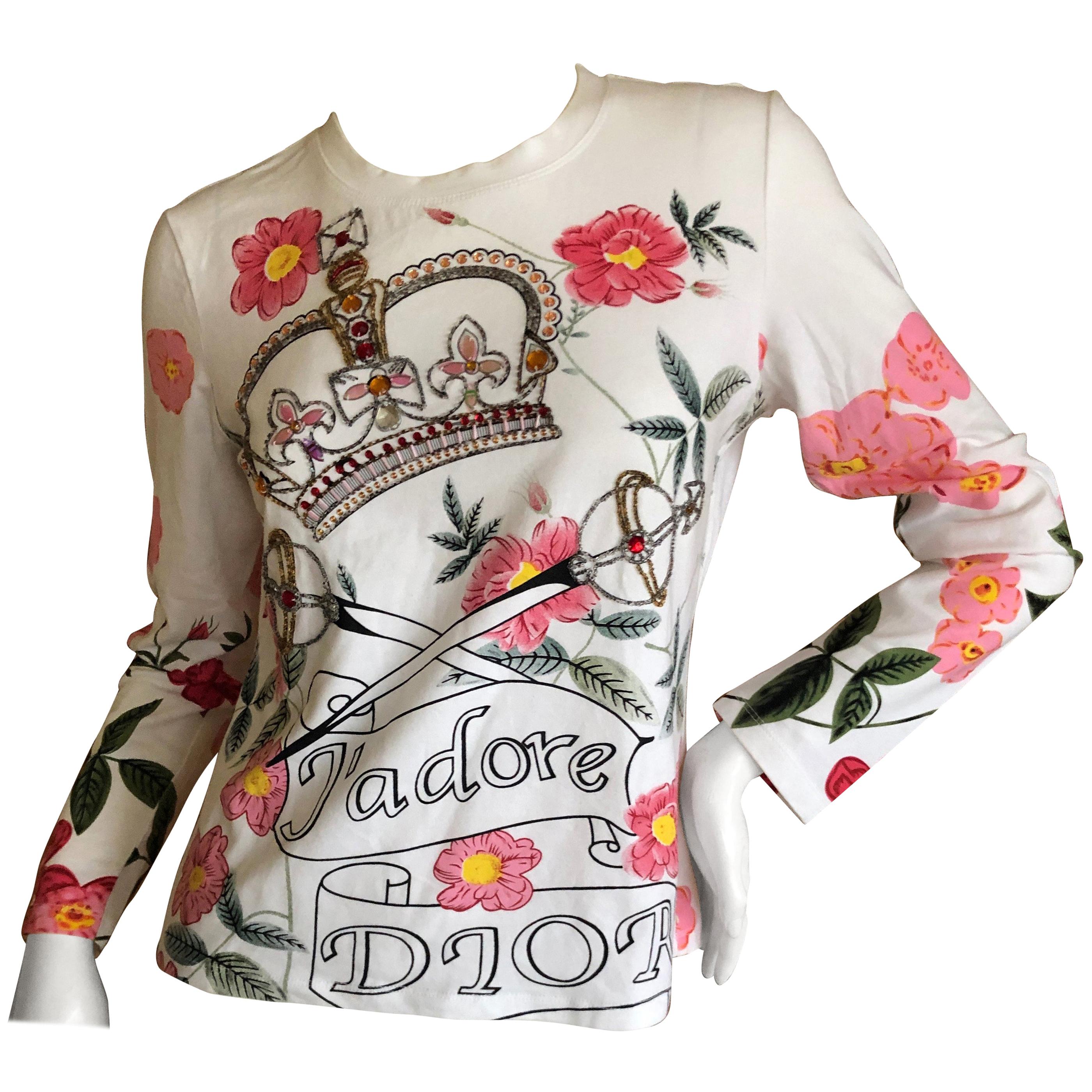 Christian Dior by John Galliano Long Sleeve Embellished Crown Scepter Cotton Top For Sale