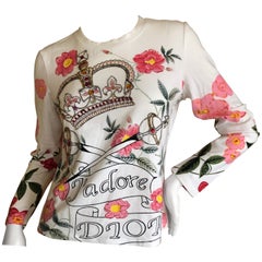 Christian Dior by John Galliano Long Sleeve Embellished Crown Scepter Cotton Top