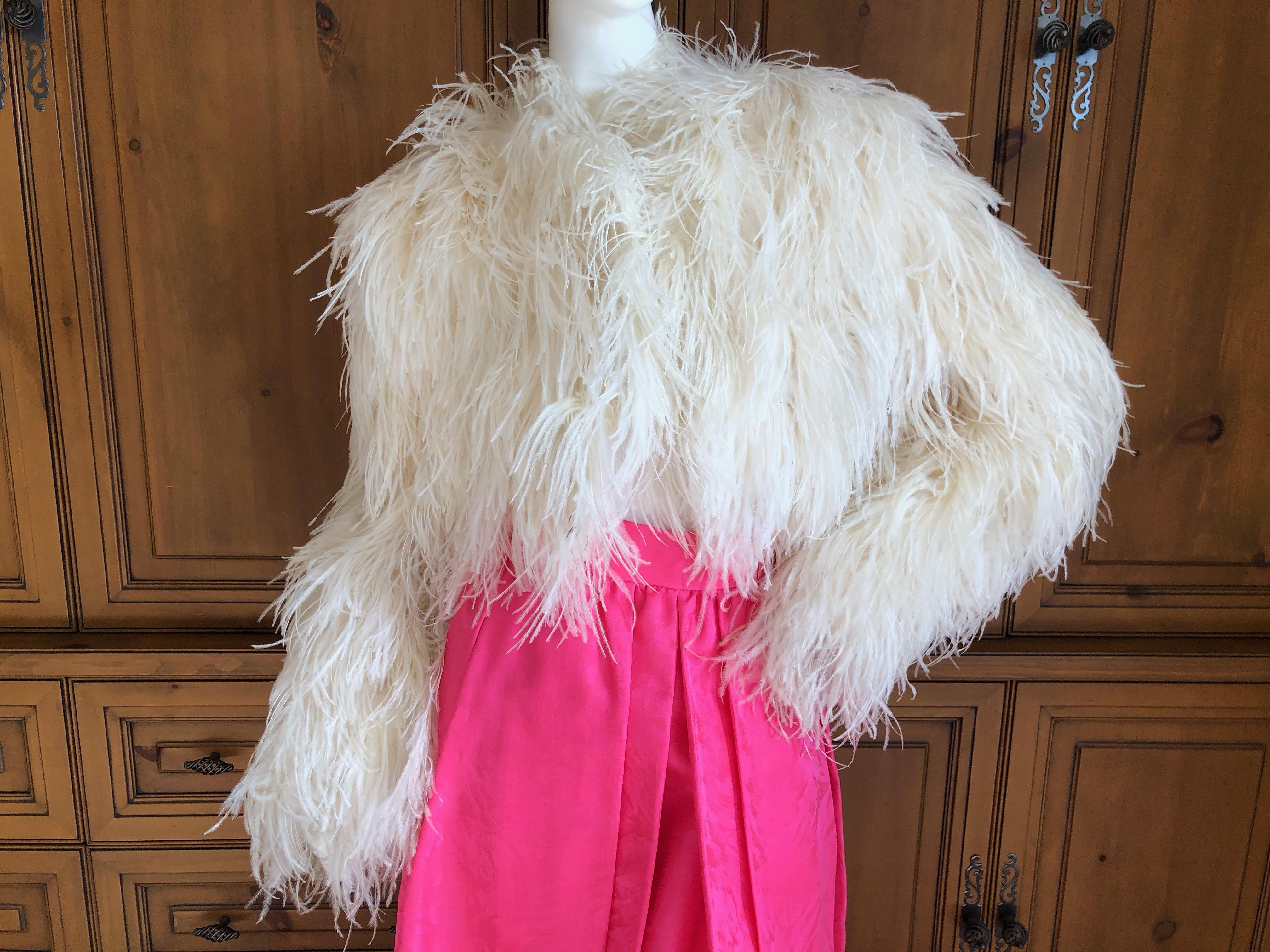 Christian Dior by John Galliano Maison Lemarie Ostrich Plume Silk Jacket.
Sensational white silk jacket embellished with ostrich plumes by Maison Lemarie for Christian Dior.
Closes with two heavy hooks similar to a fur coat or jacket
Size 40
Bust