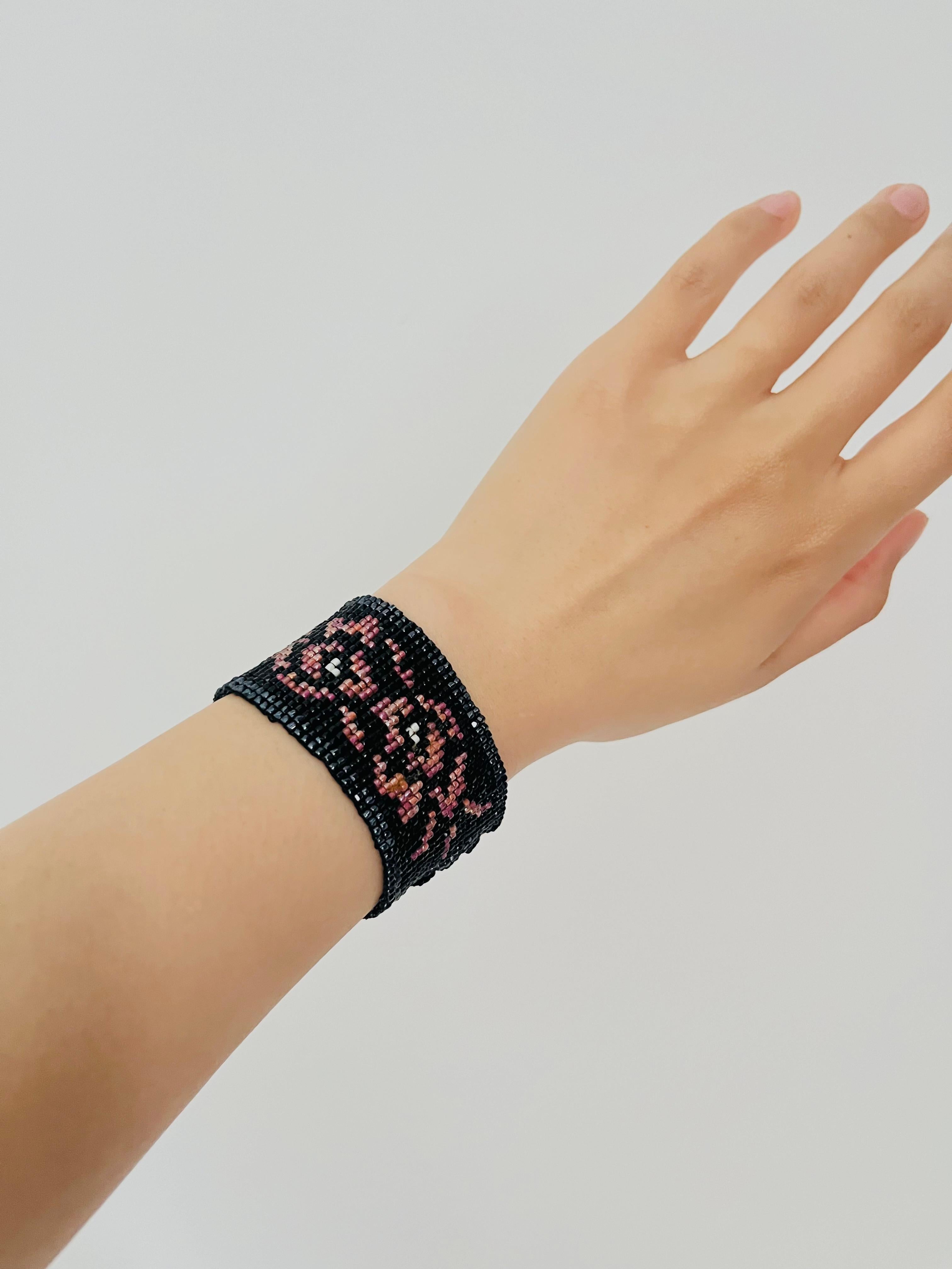 Christian Dior by John Galliano Masai 1997 Beads Black Red Pink Flower Bracelet 2