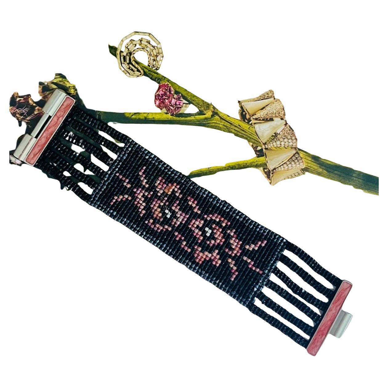 Christian Dior by John Galliano Masai 1997 Beads Black Red Pink Flower Bracelet im Angebot