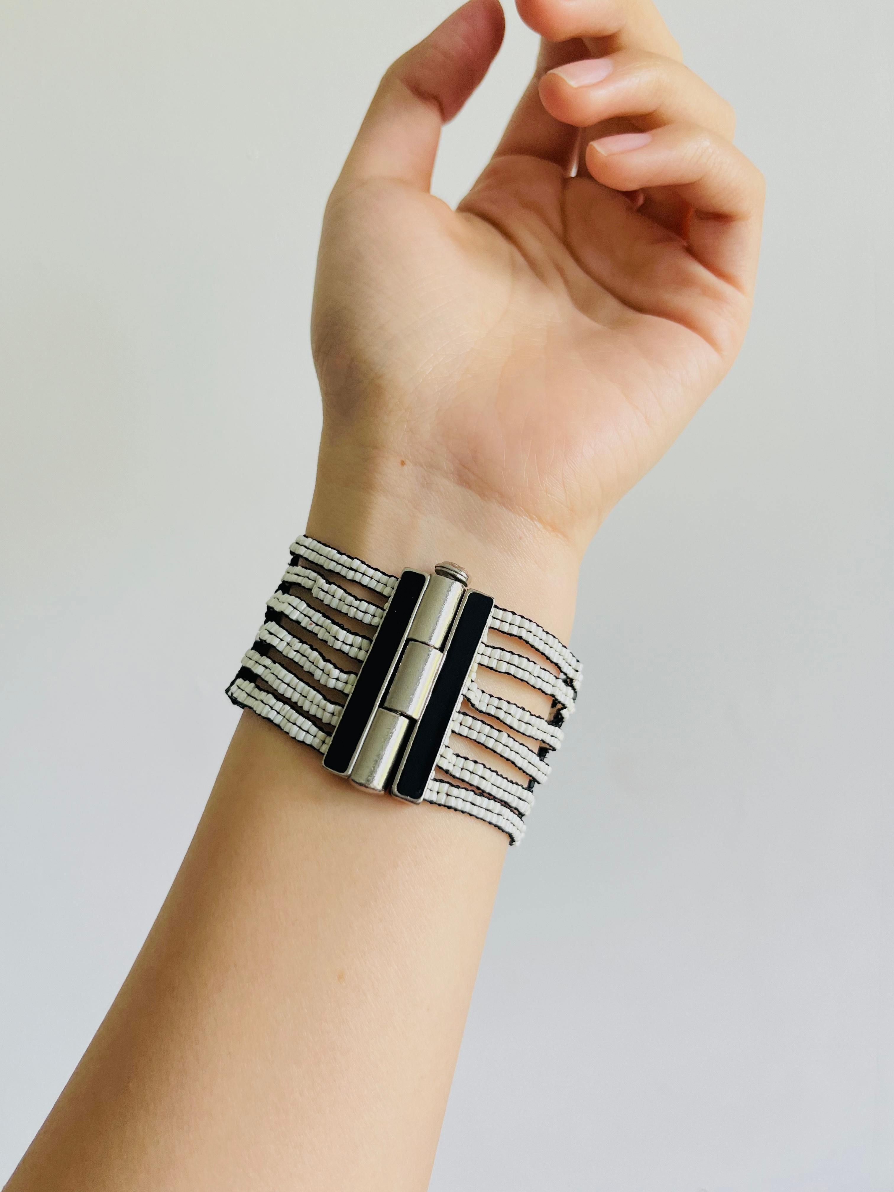 Christian Dior by John Galliano Masai 1997 Micro Bead Black White Link Bracelet For Sale 2