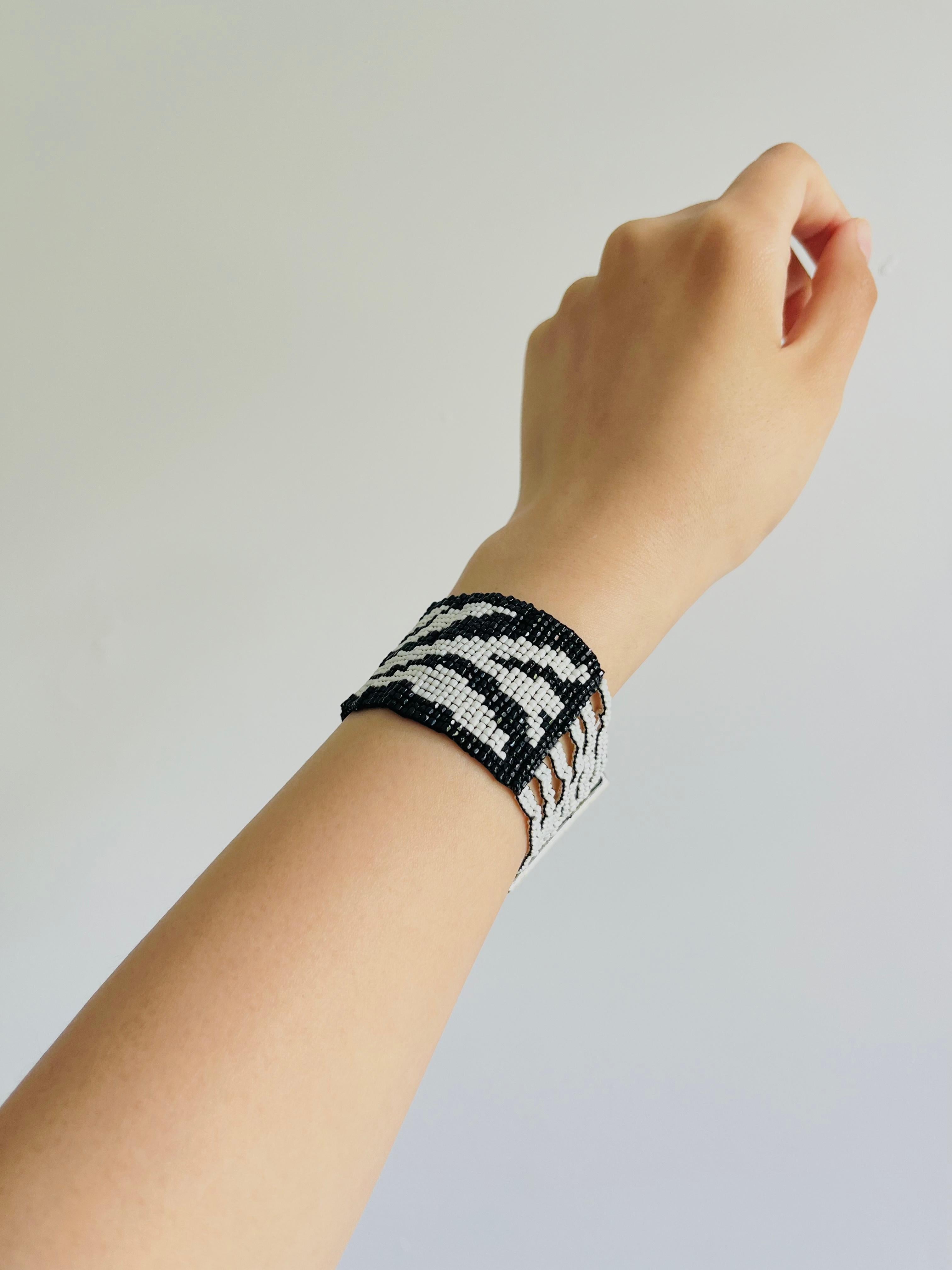 Christian Dior by John Galliano Masai 1997 Micro Bead Black White Link Bracelet For Sale 3