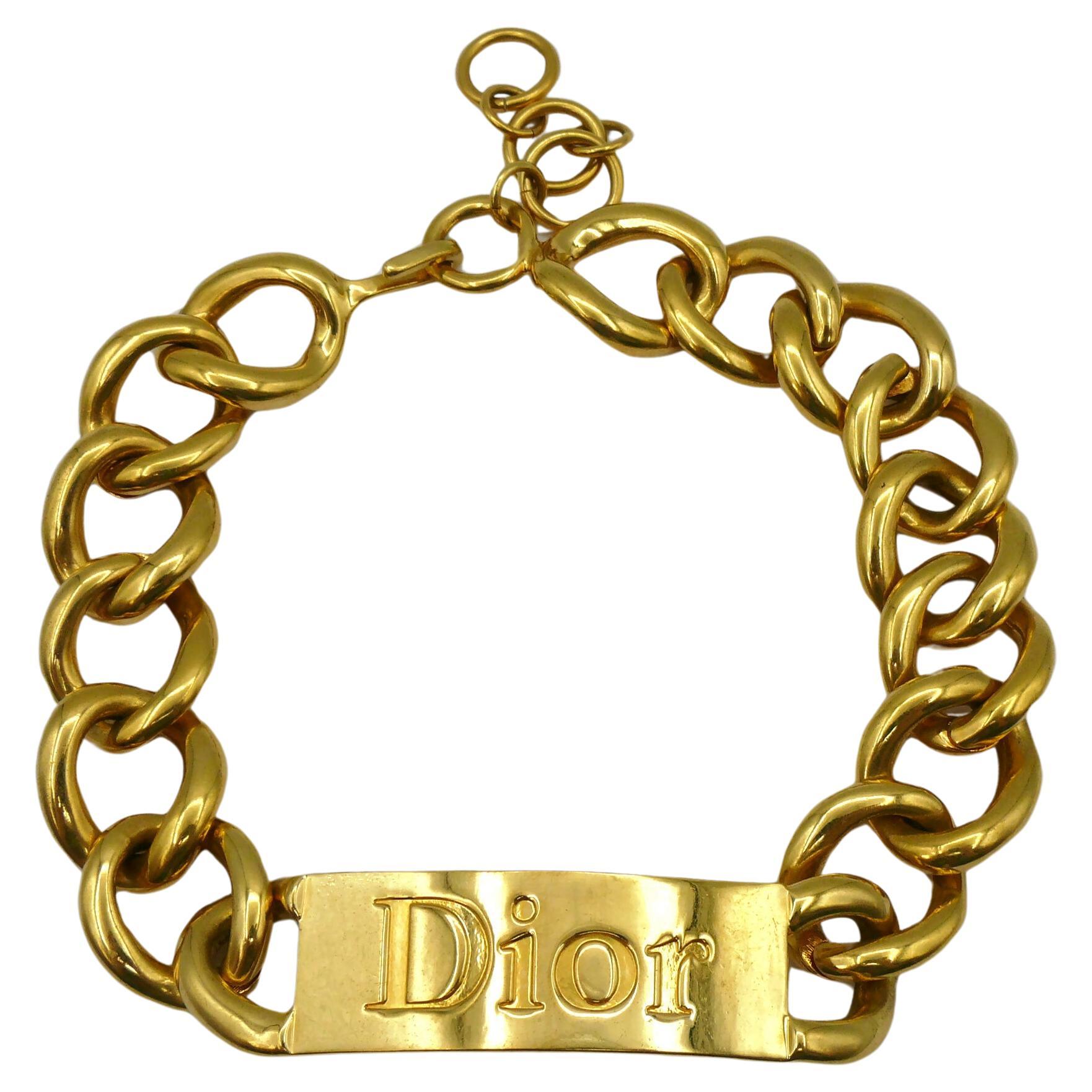 CHRISTIAN DIOR by JOHN GALLIANO Massive Gold Tone ID Tag Curb Runway Necklace For Sale