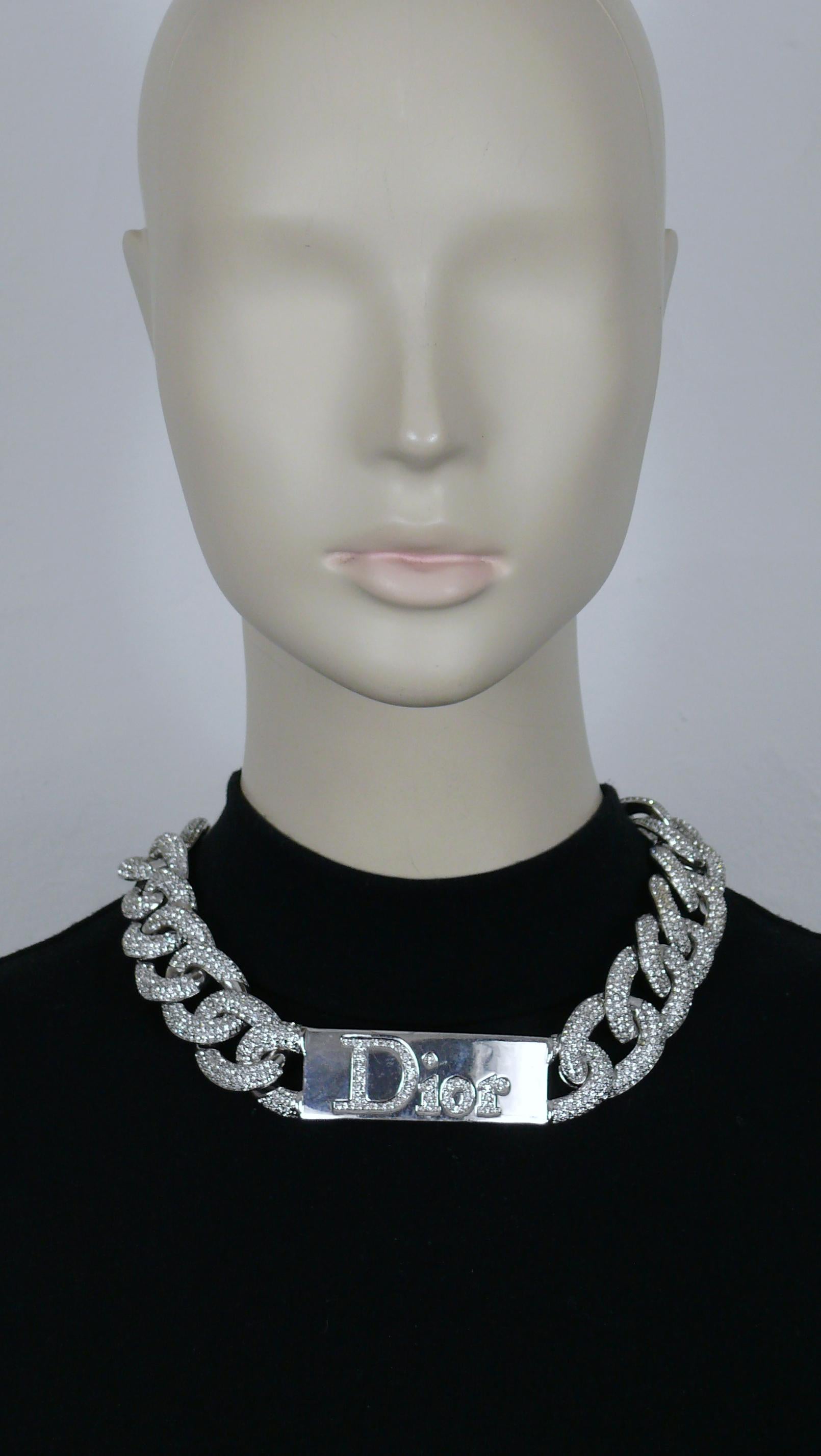 CHRISTIAN DIOR by JOHN GALLIANO chunky silver tone curb chain necklace embellished with clear crystals featuring a massive ID tag embossed DIOR.

From the CHRISTIAN DIOR 2000 Fall/Winter Ready-to-Wear Collection.
As seen on the runway.

Hook and