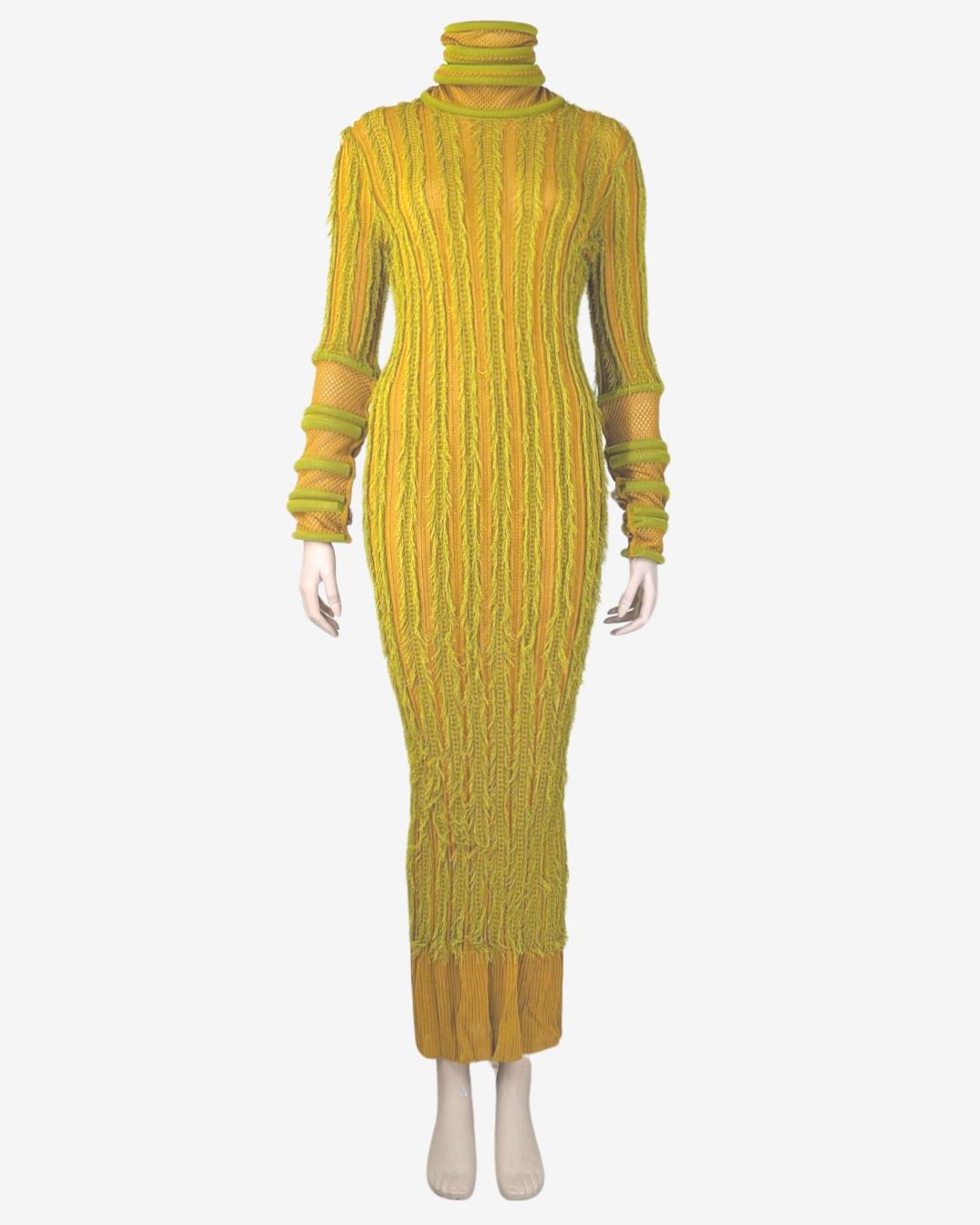 Christian Dior by John Galliano Maxi Knit Dress fall/winter 1999

. Christian Dior yellow and acid green maxi length dress
. Designed by John Galliano
. Vertical length
. Long sleeves with padded  cuff collar
. Cuff collar
. Invisible buttons collar