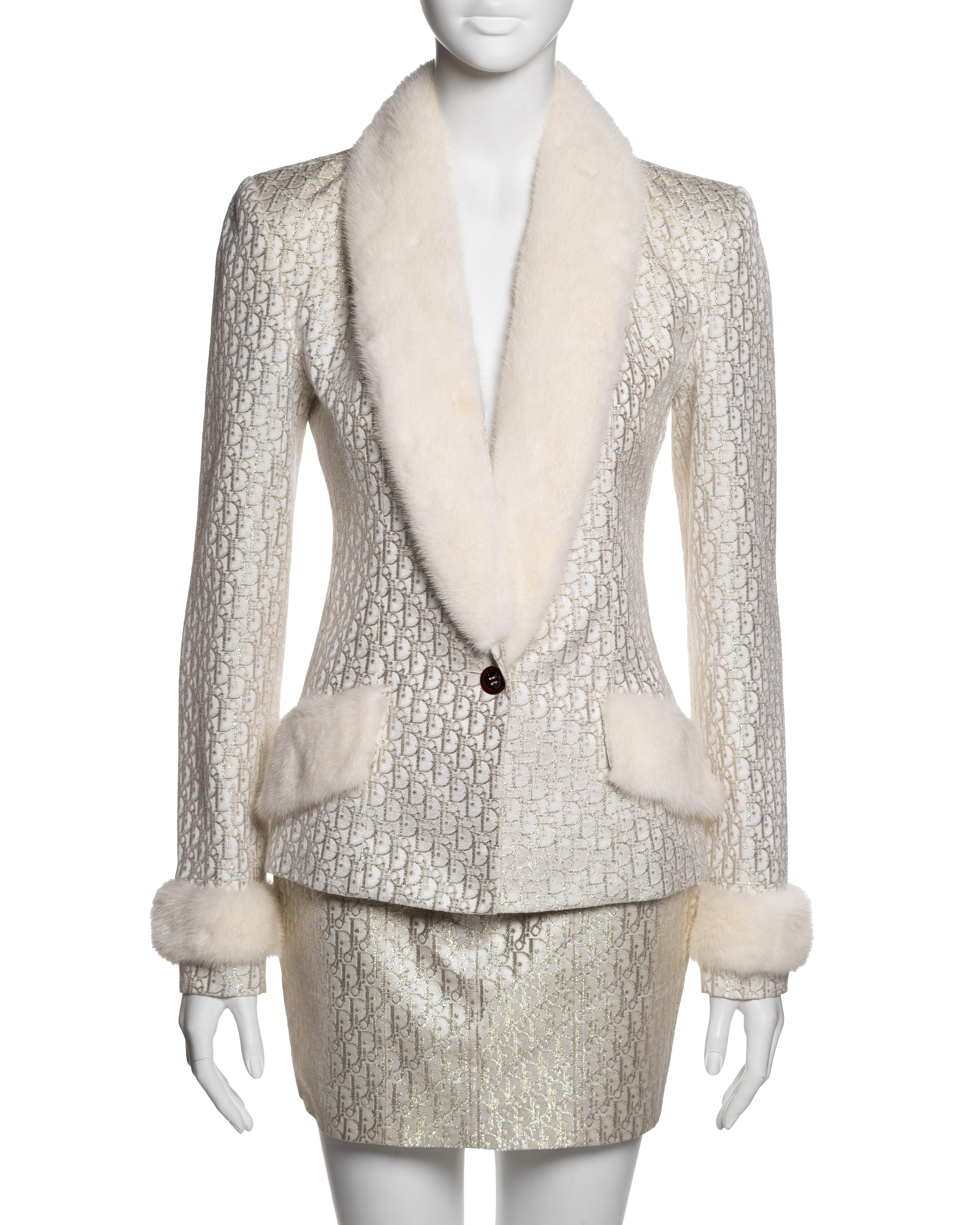 Gray Christian Dior by John Galliano Metallic Monogram Mink-Trimmed Suit, FW 2004 For Sale