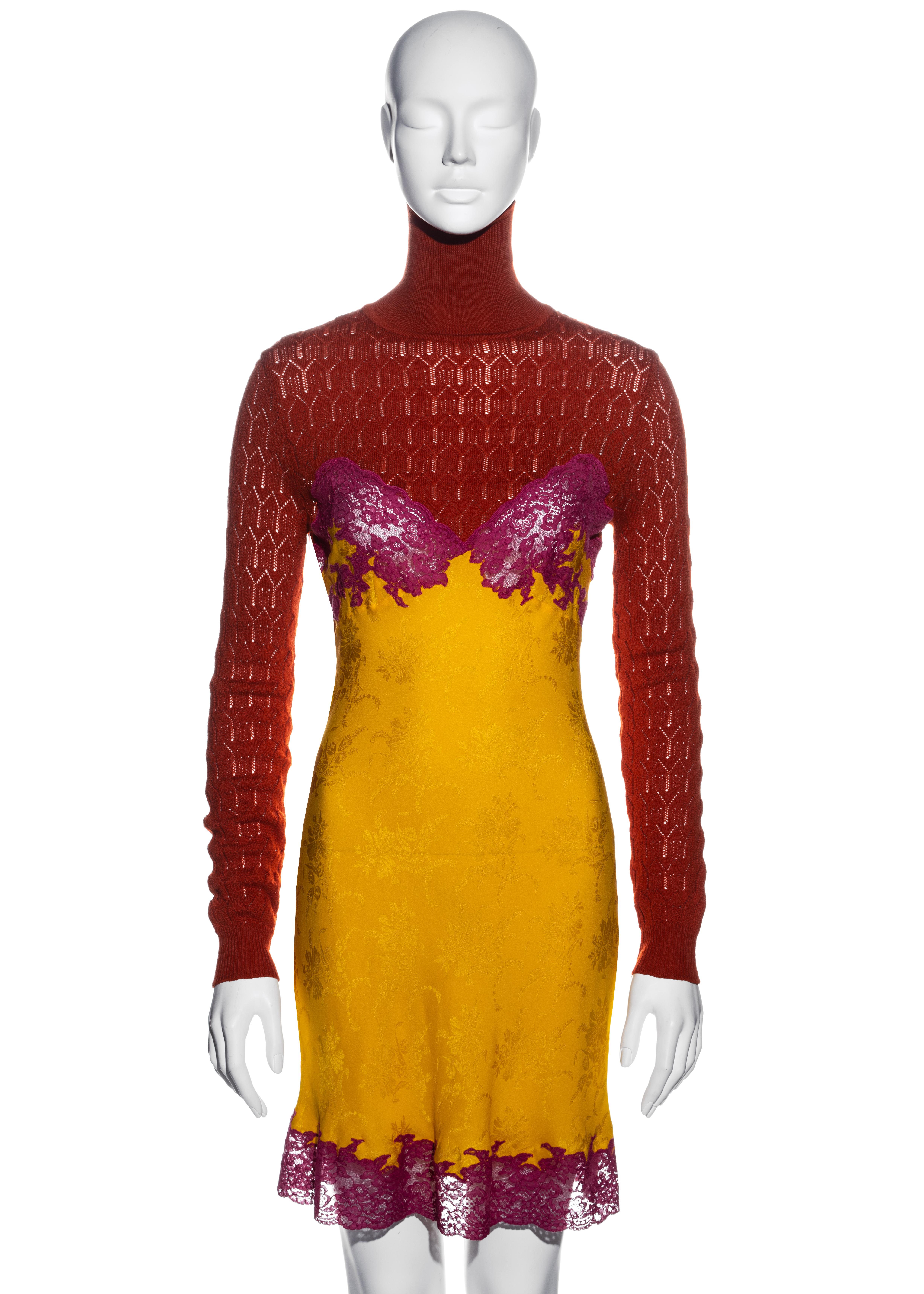 ▪ Christian Dior multicoloured silk and lace dress
▪ Designed by John Galliano 
▪ 95% Silk, 5% Lycra
▪ Red knitted wool turtleneck and sleeves
▪ Hot pink lace inserts and trim 
▪ Yellow floral silk jacquard 
▪ FR 38 - UK 10 - US 6
▪ Fall-Winter 1998
