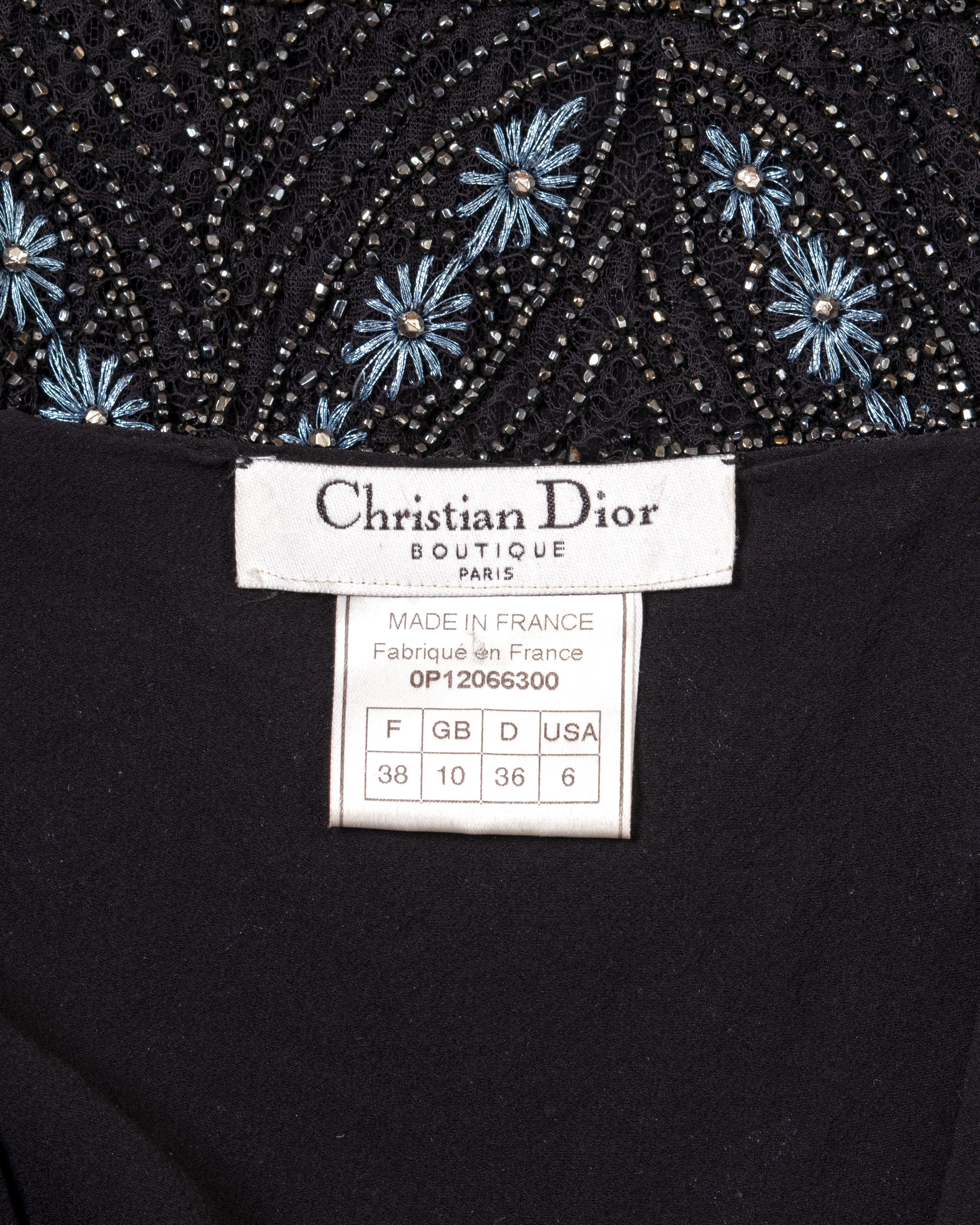 Robe de soirée à franges en dentelle perlée bleu marine Christian Dior par John Galliano, P/E 2000 en vente 7