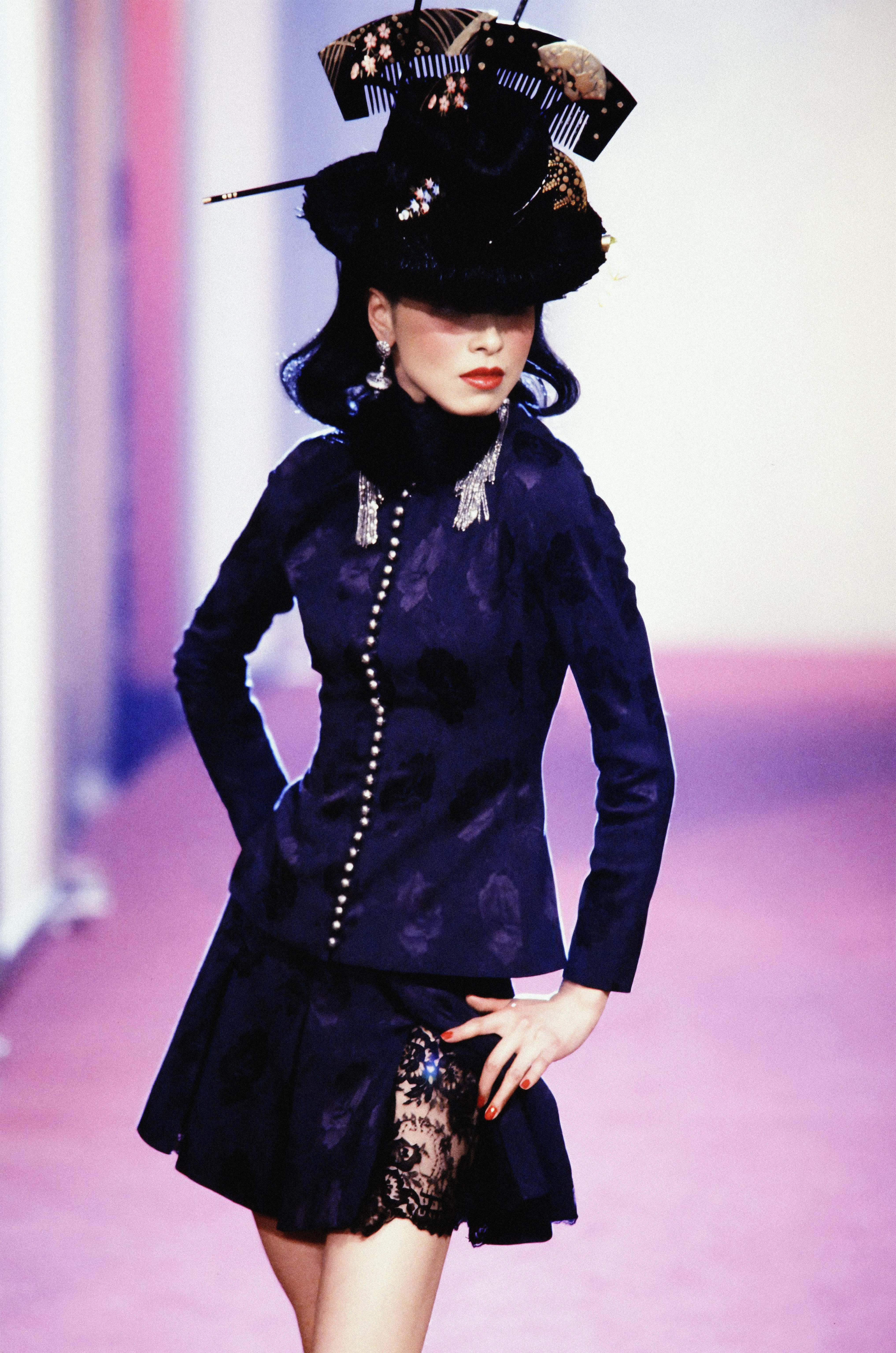 Christian Dior by John Galliano navy silk brocade and lace skirt