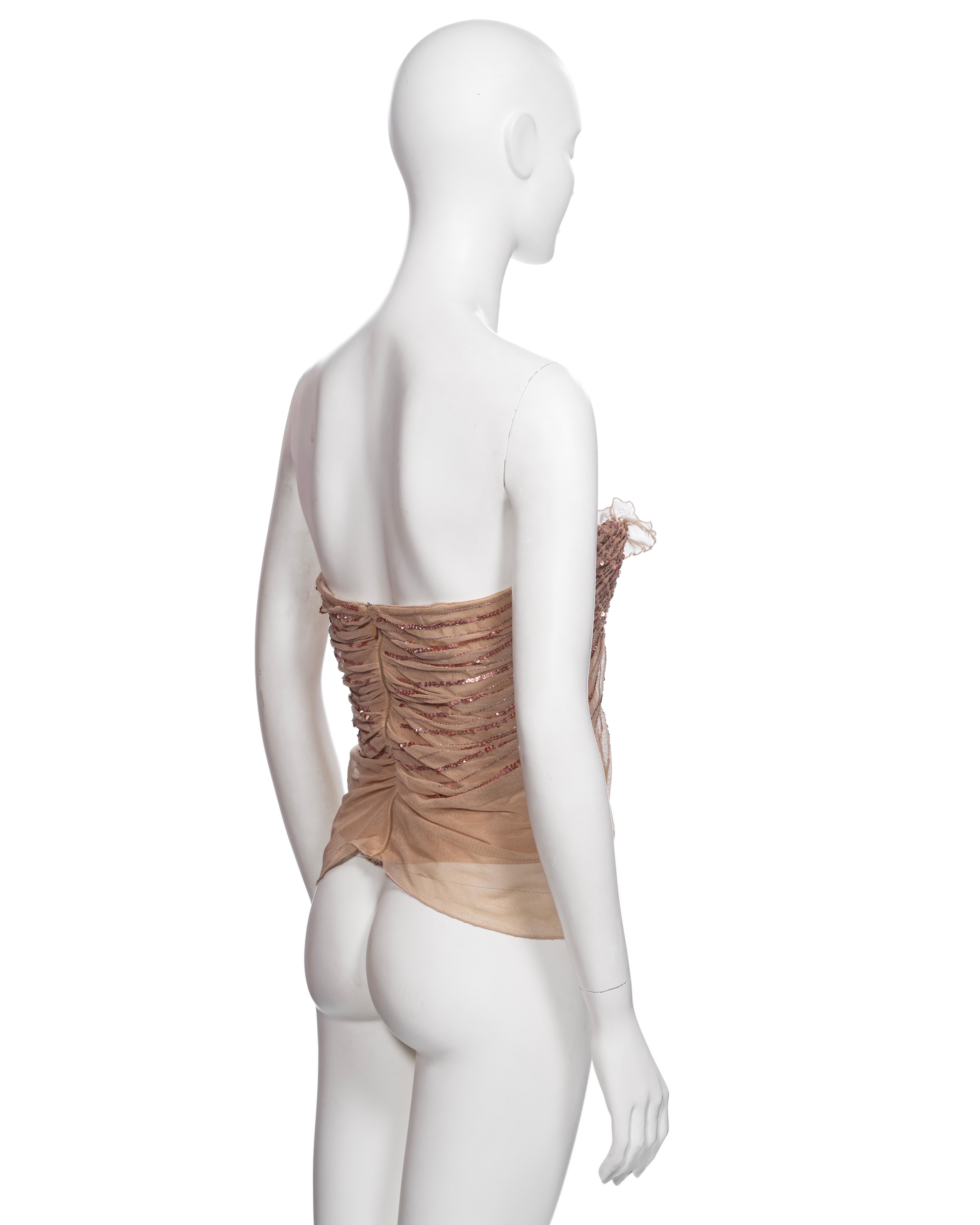 Christian Dior by John Galliano Nudefarbenes Korsettoberteil aus geräuchertem Mesh und Pailletten, Herbst/Winter 2005 6