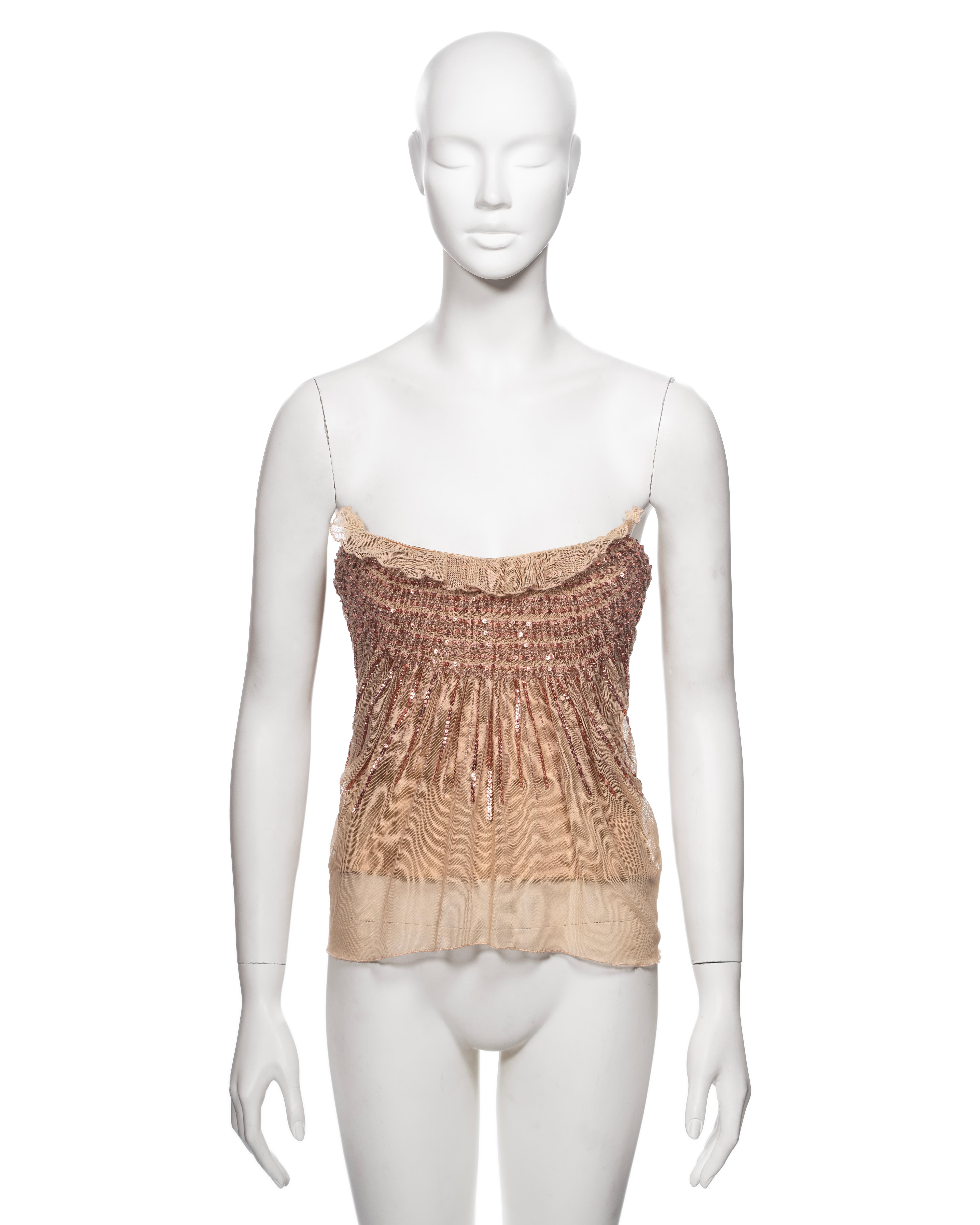 Women's Christian Dior by John Galliano Nude Smocked Mesh and Sequin Corset Top, FW 2005 For Sale