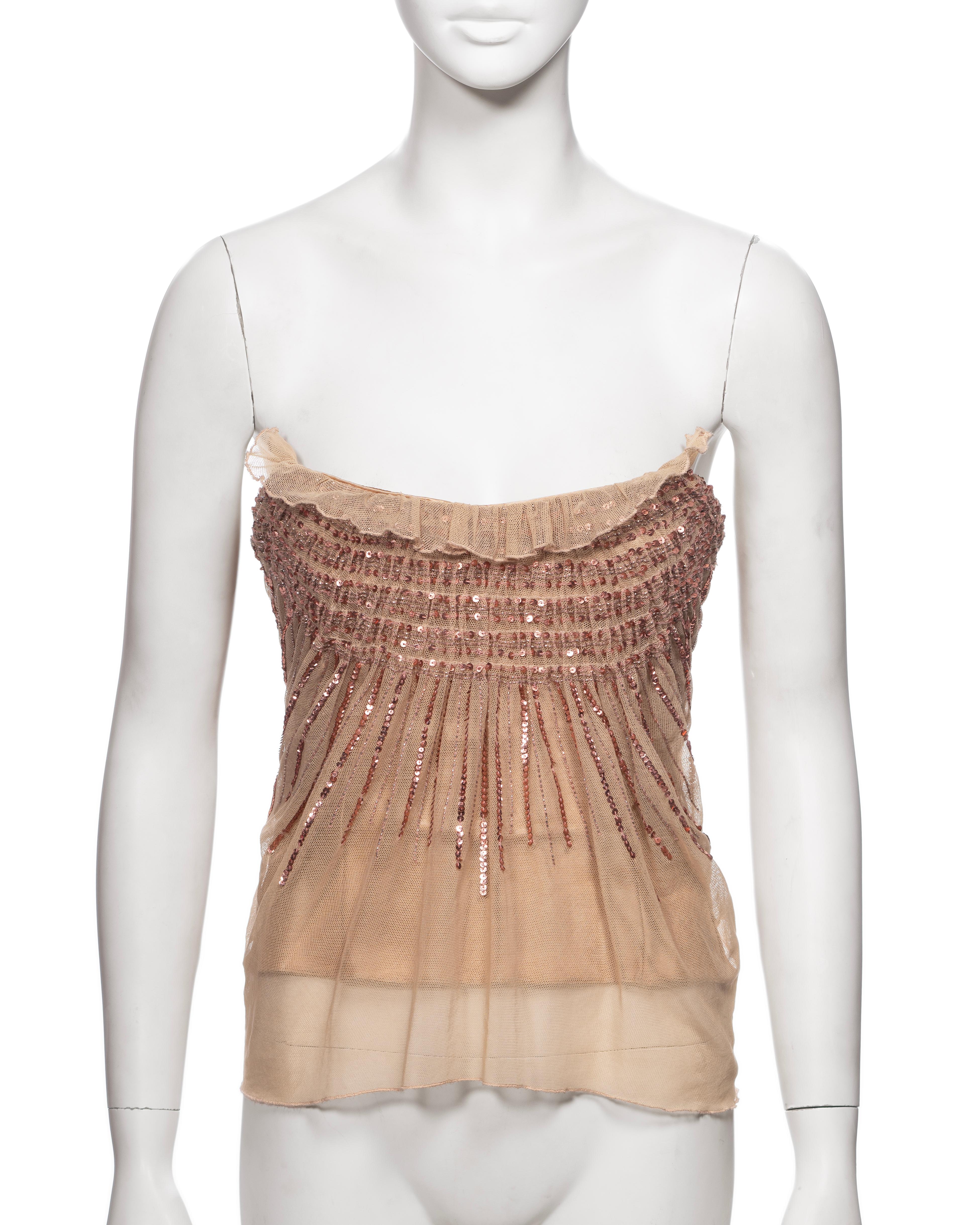 Christian Dior by John Galliano Nude Smocked Mesh and Sequin Corset Top, FW 2005 For Sale 1