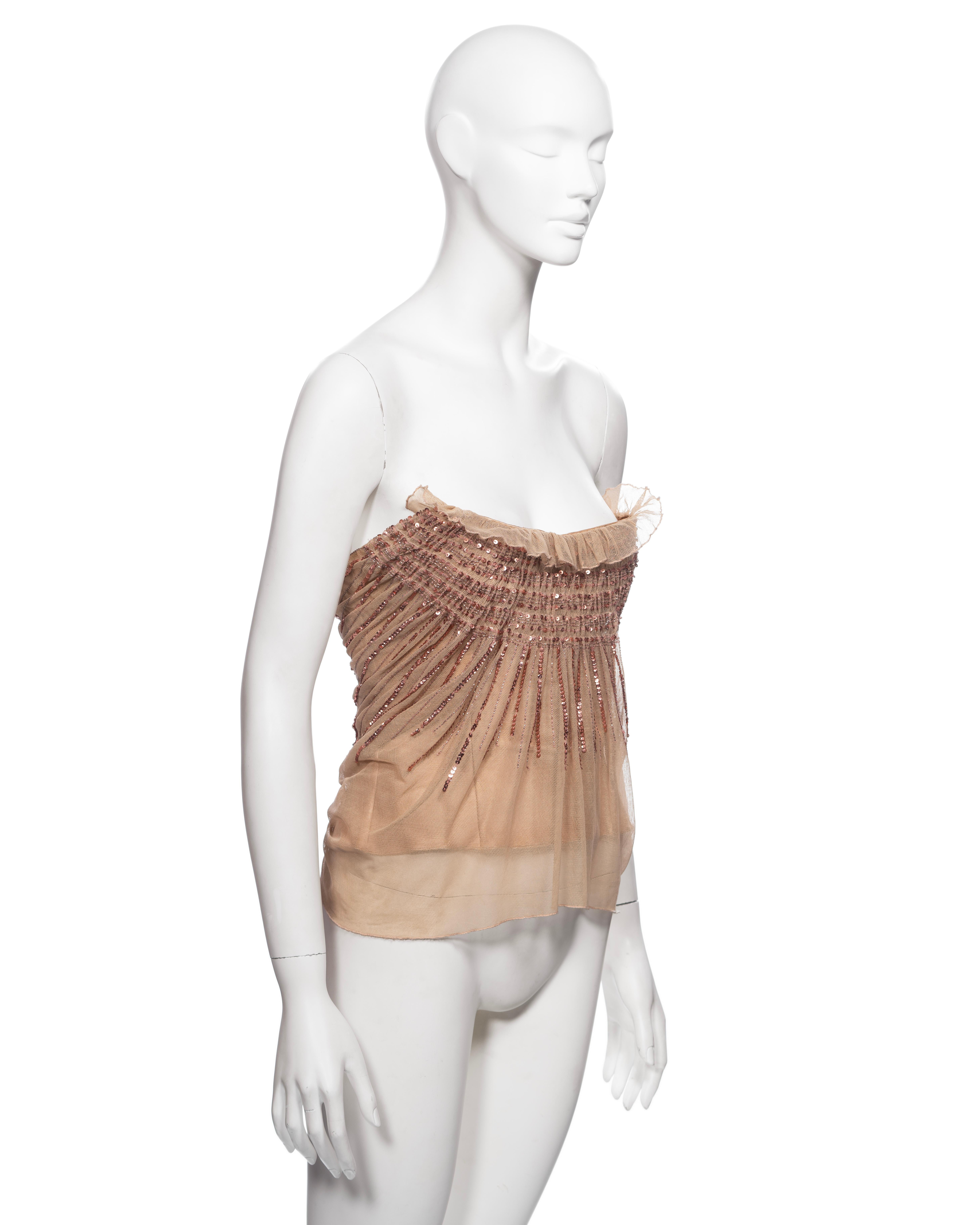 Christian Dior by John Galliano Nude Smocked Mesh and Sequin Corset Top, FW 2005 For Sale 3