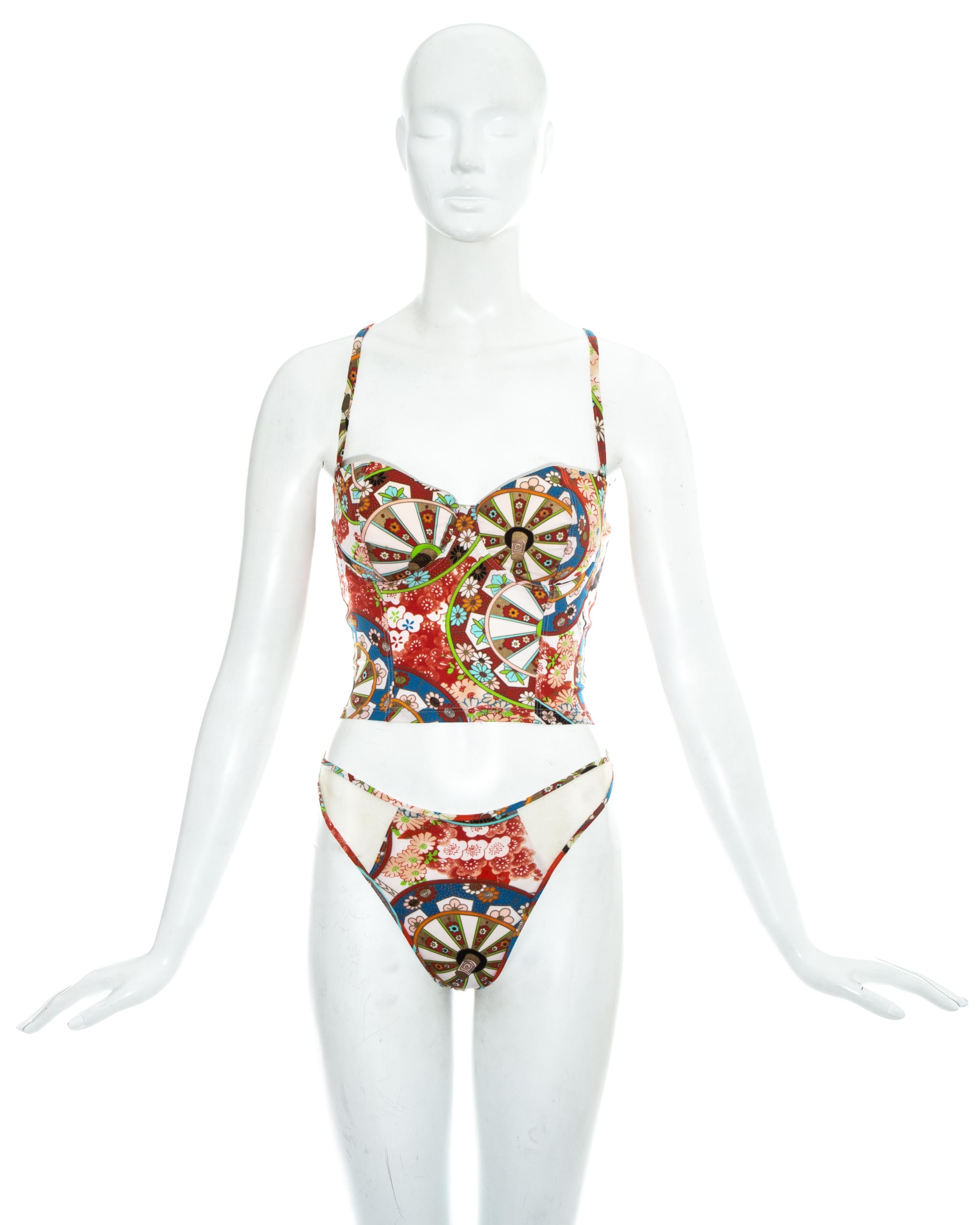 Christian Dior by John Galliano swimwear oriental print thong and corset with mesh inserts. 

Spring-Summer 2001
