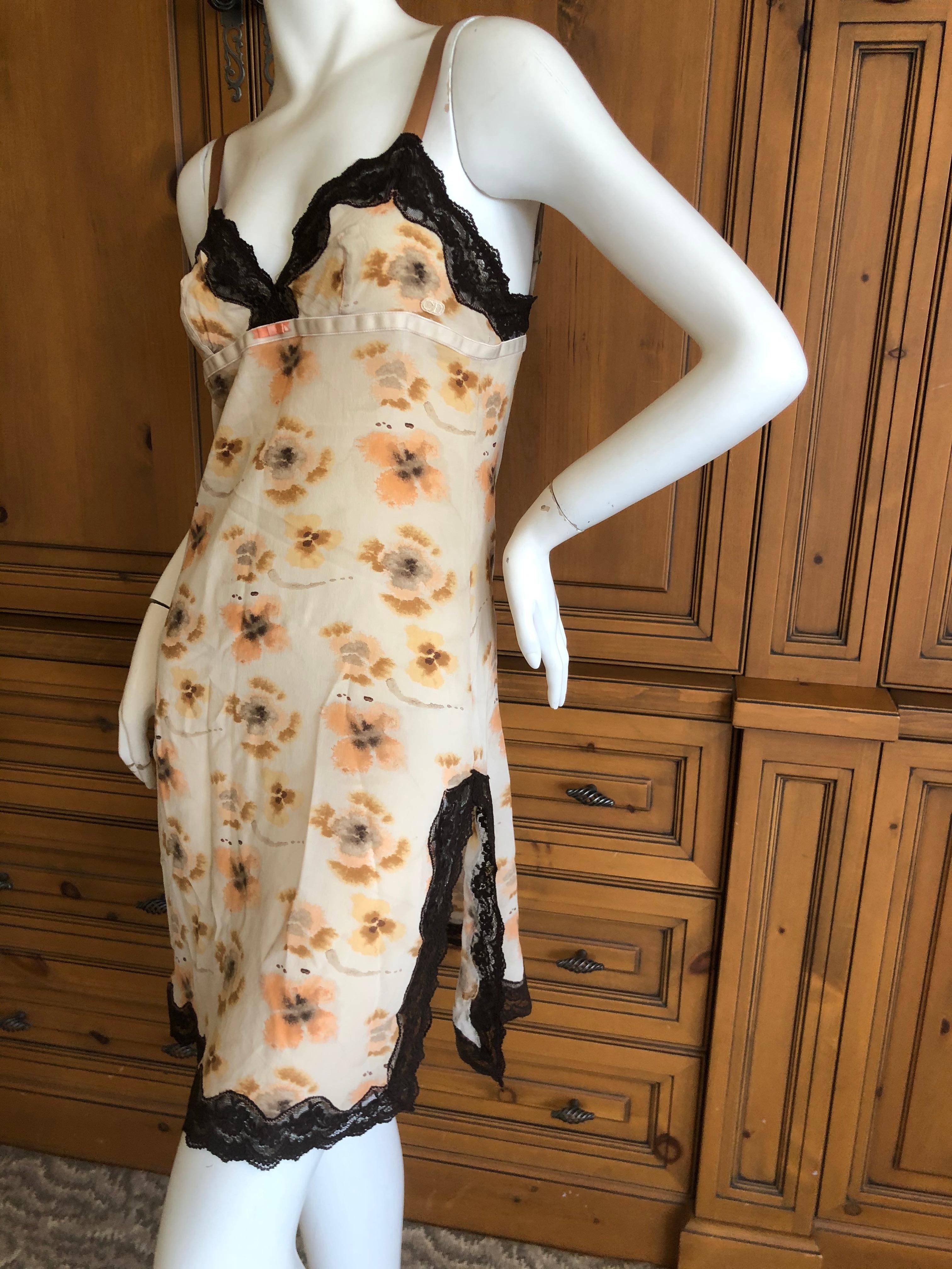 Beige Christian Dior by John Galliano Pansy Pattern Slip Dress with Lace Inserts For Sale