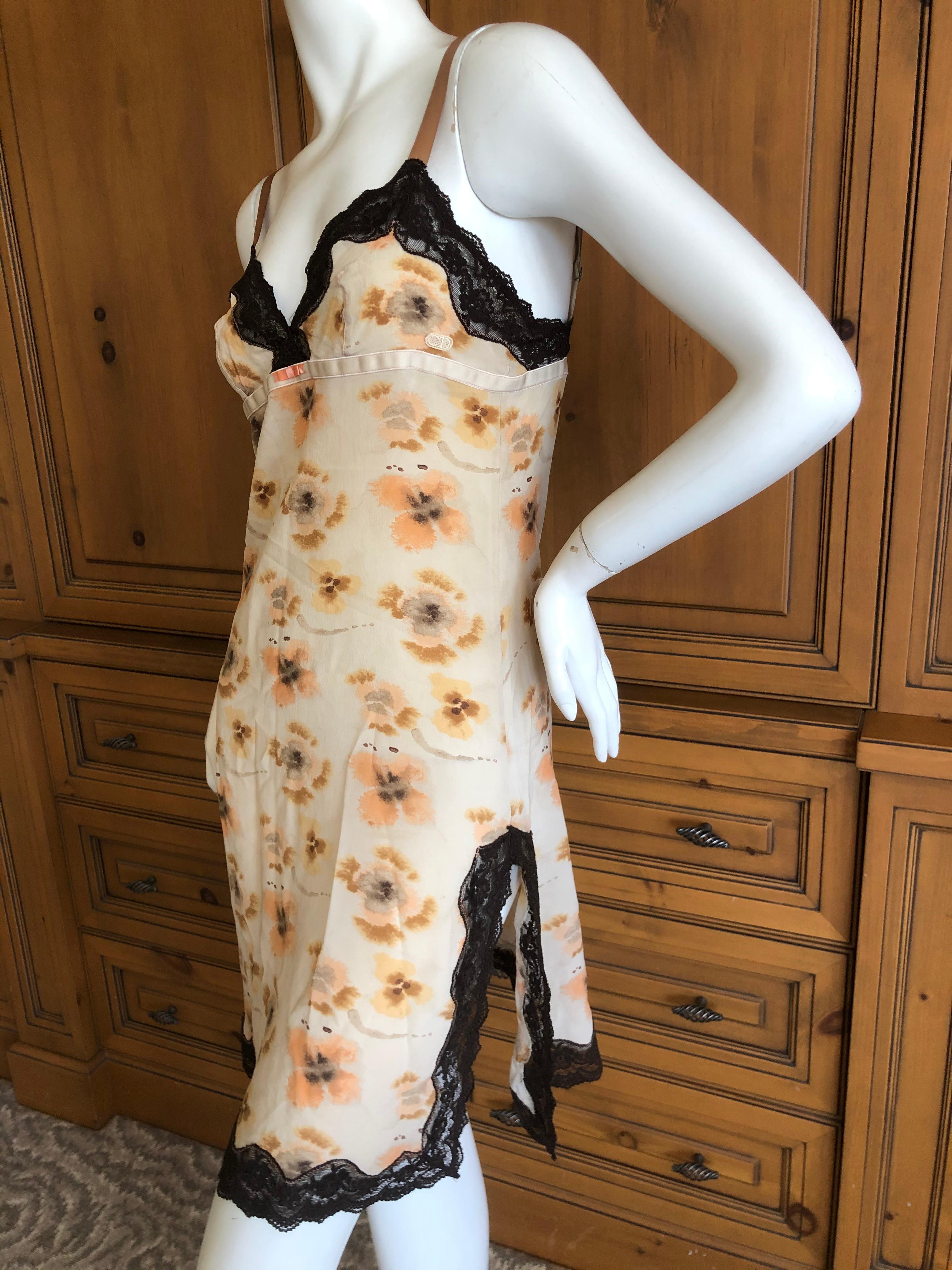 Women's Christian Dior by John Galliano Pansy Pattern Slip Dress with Lace Inserts For Sale