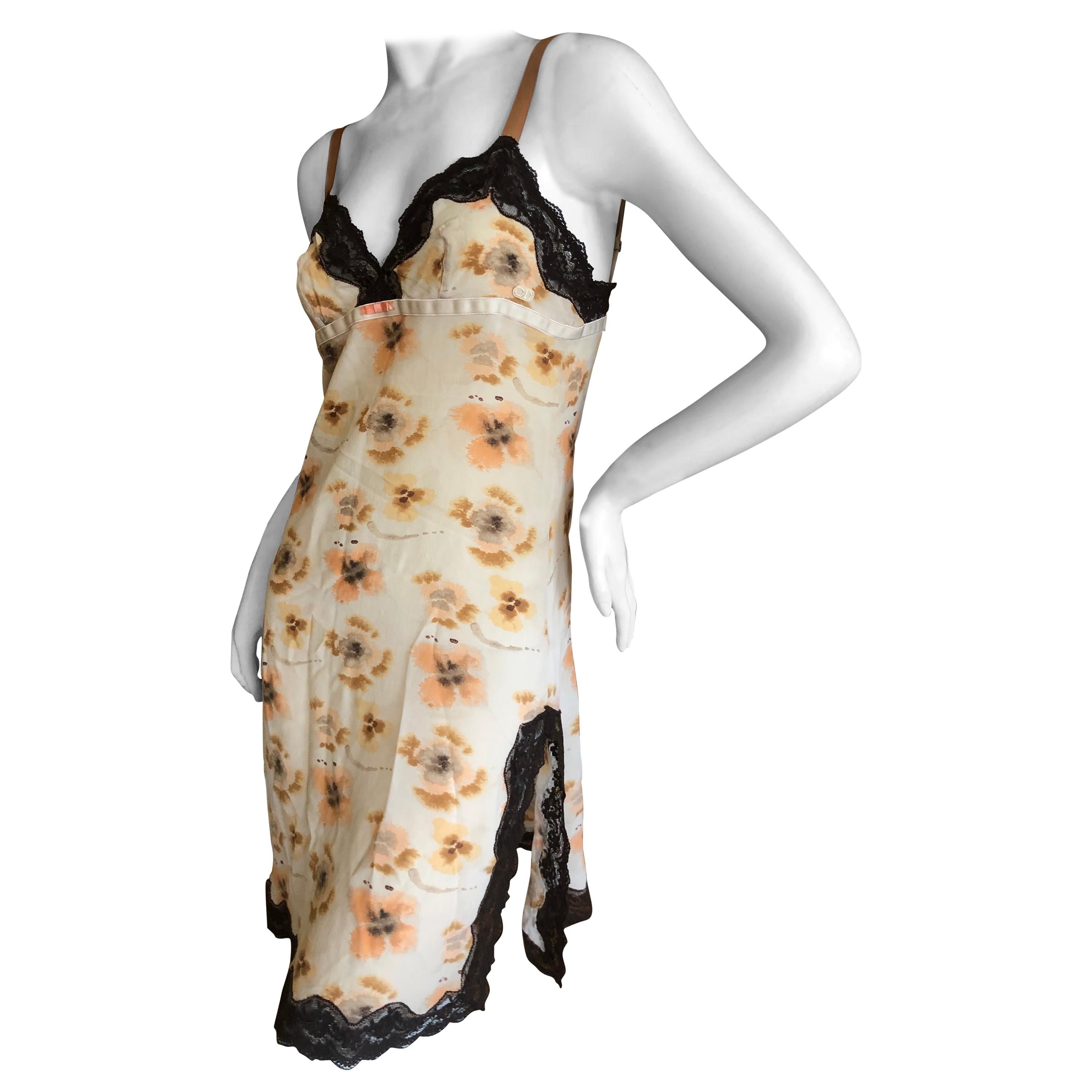 Christian Dior by John Galliano Pansy Pattern Slip Dress with Lace Inserts For Sale