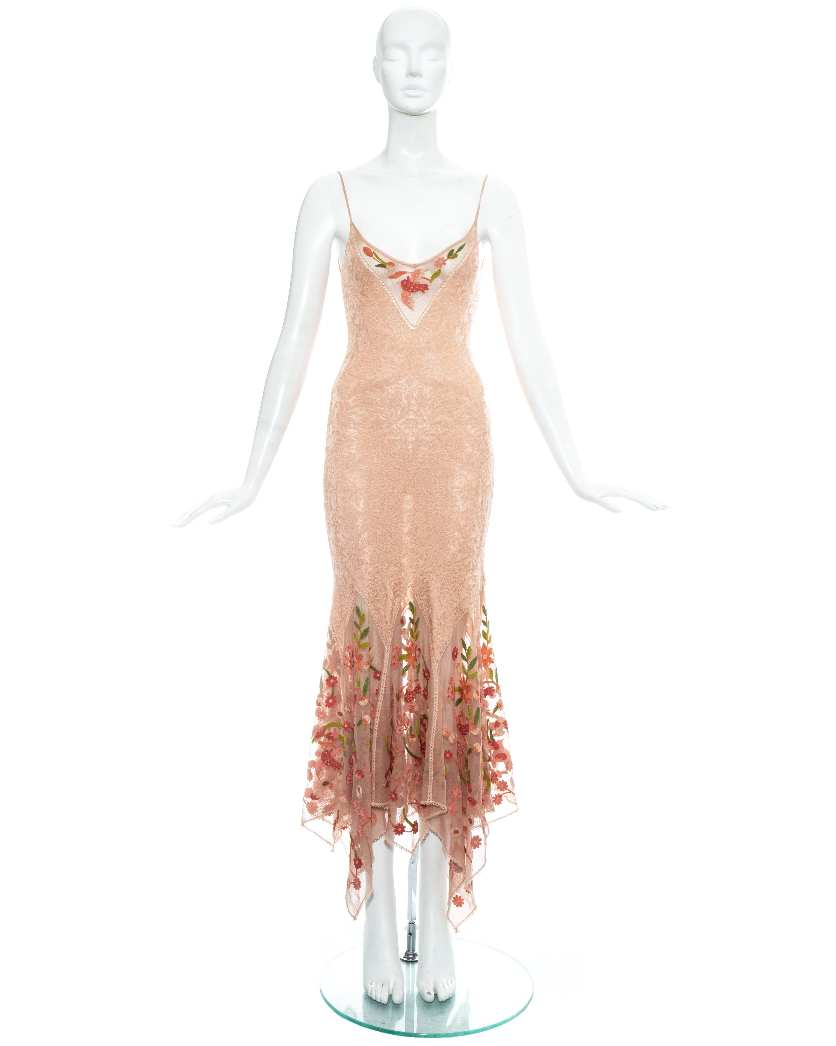 Christian Dior by John Galliano, peach knitted summer dress with floral embroidered mesh inserts and handkerchief hemline skirt.

Spring-Summer 2005