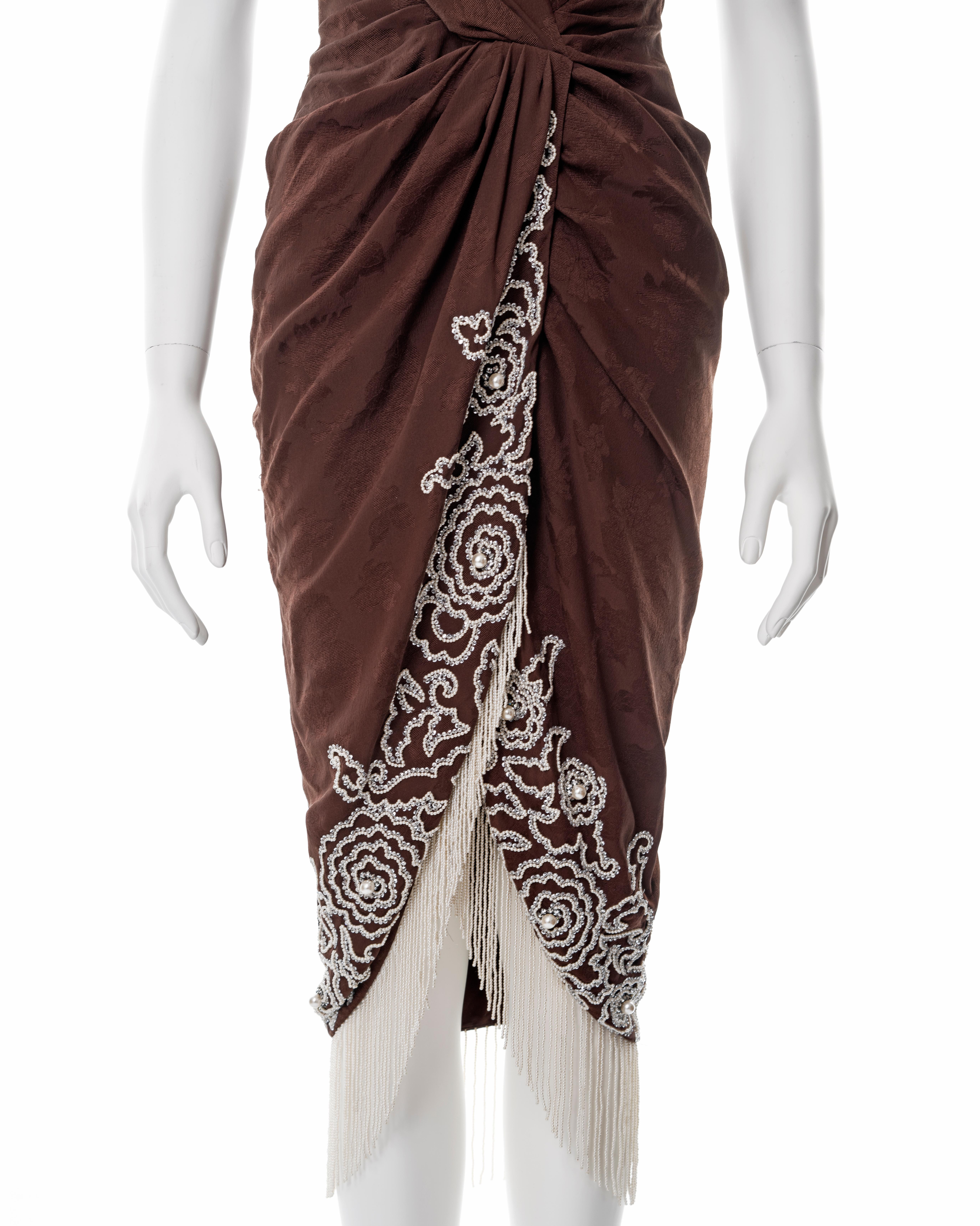 Women's Christian Dior by John Galliano pearl beaded brown silk cocktail dress, ss 2008 For Sale