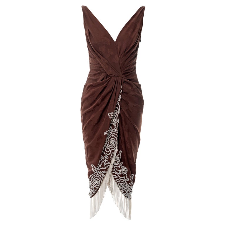 dior brown dress Vintage 1999 Christian Dior by John Galliano Brown Suede & Sheer Lace  Bias-Cut Slip Gown w/ Shawl