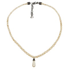 CHRISTIAN DIOR by John Galliano Pearls Pendant White Beads Tear Drop Necklace