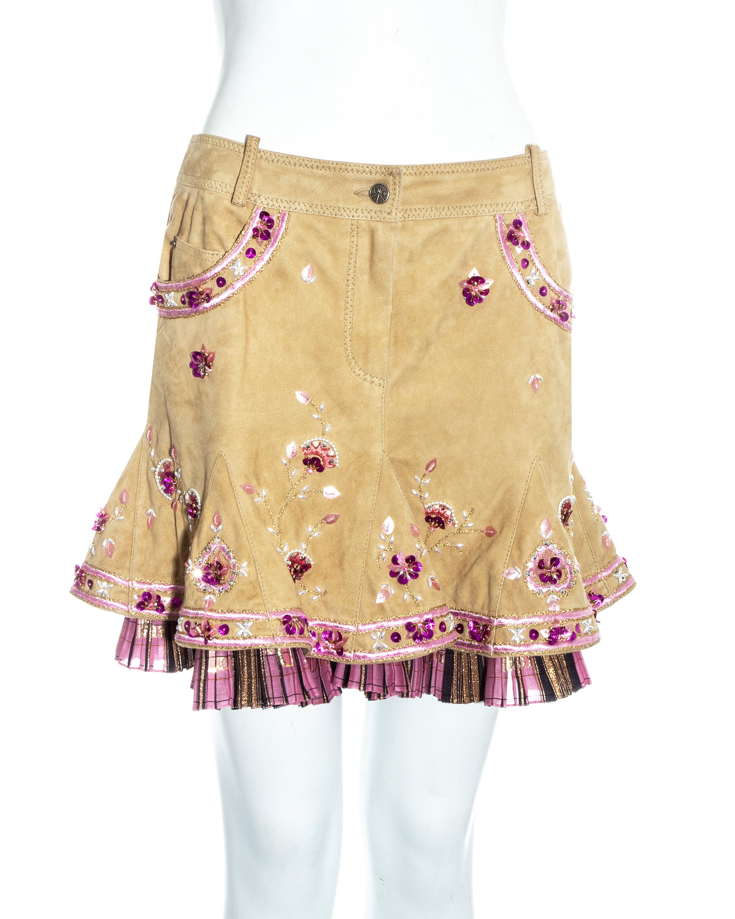Christian Dior by John Galliano. Cream suede mini skirt with pink floral embroidery and pleated taffeta underskirt.

Spring-Summer 2005