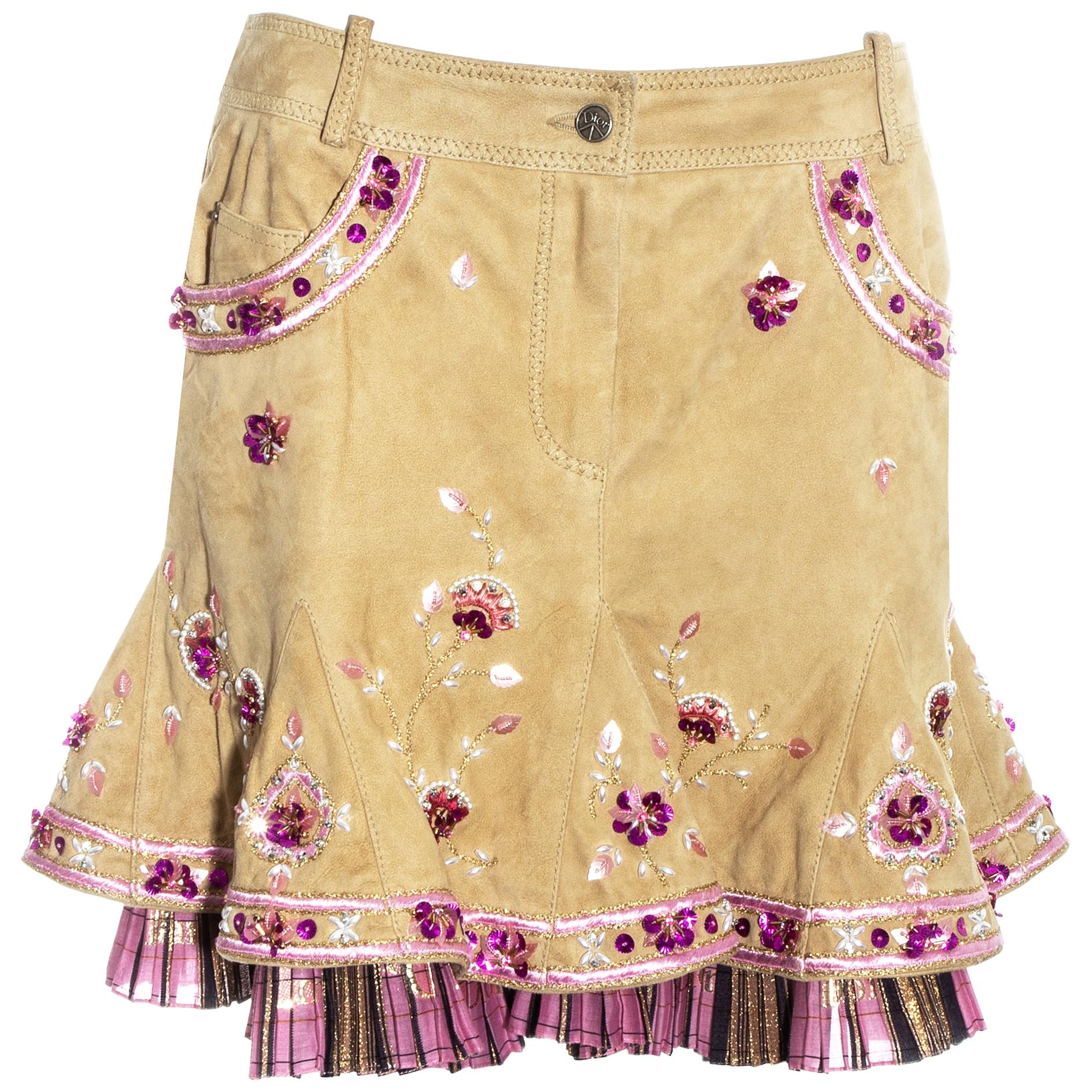 Christian Dior by John Galliano pink and cream suede embroidered skirt, ss 2005