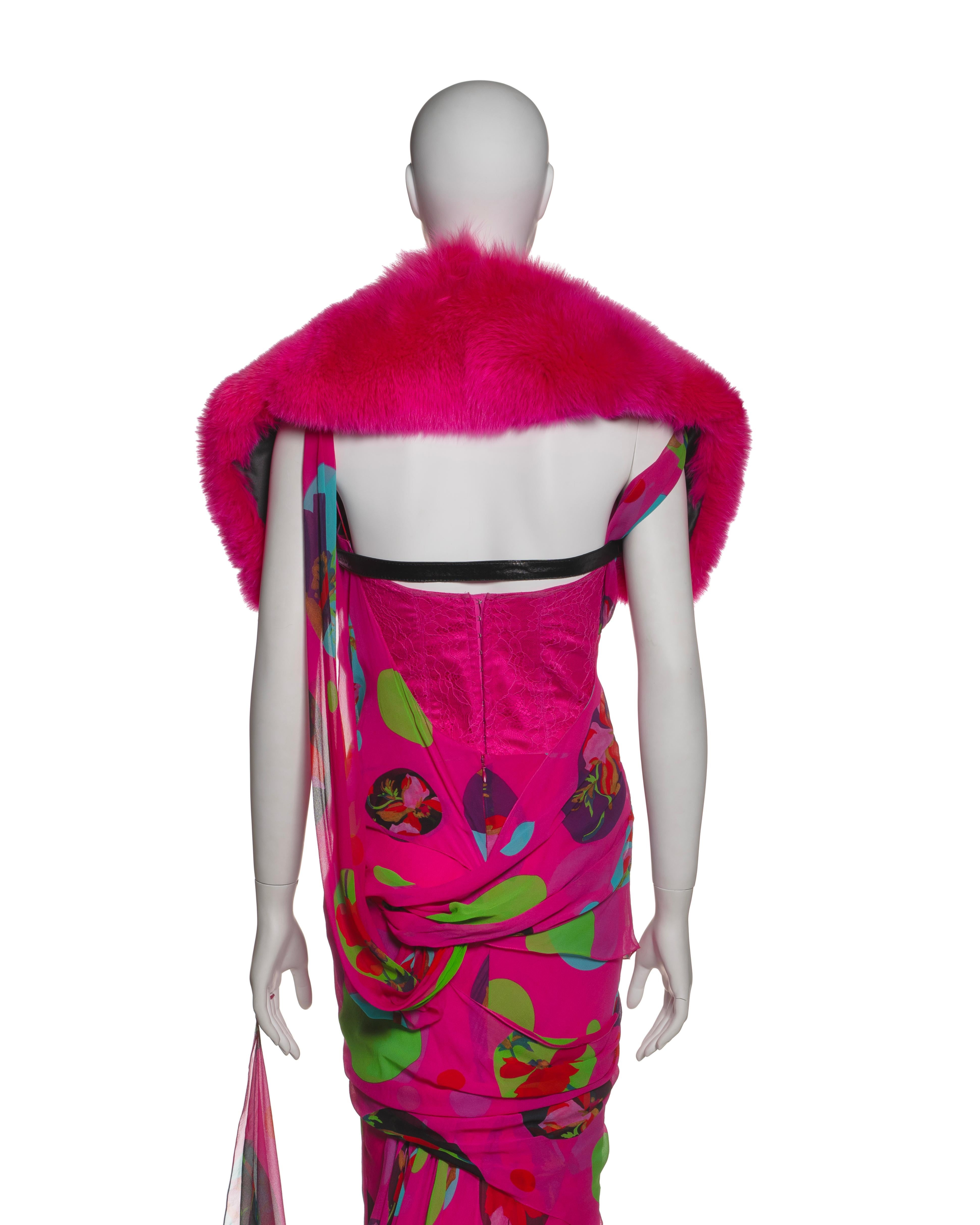 Christian Dior by John Galliano Pink Chiffon Dress, Corset & Fox Fur, SS 2004 6