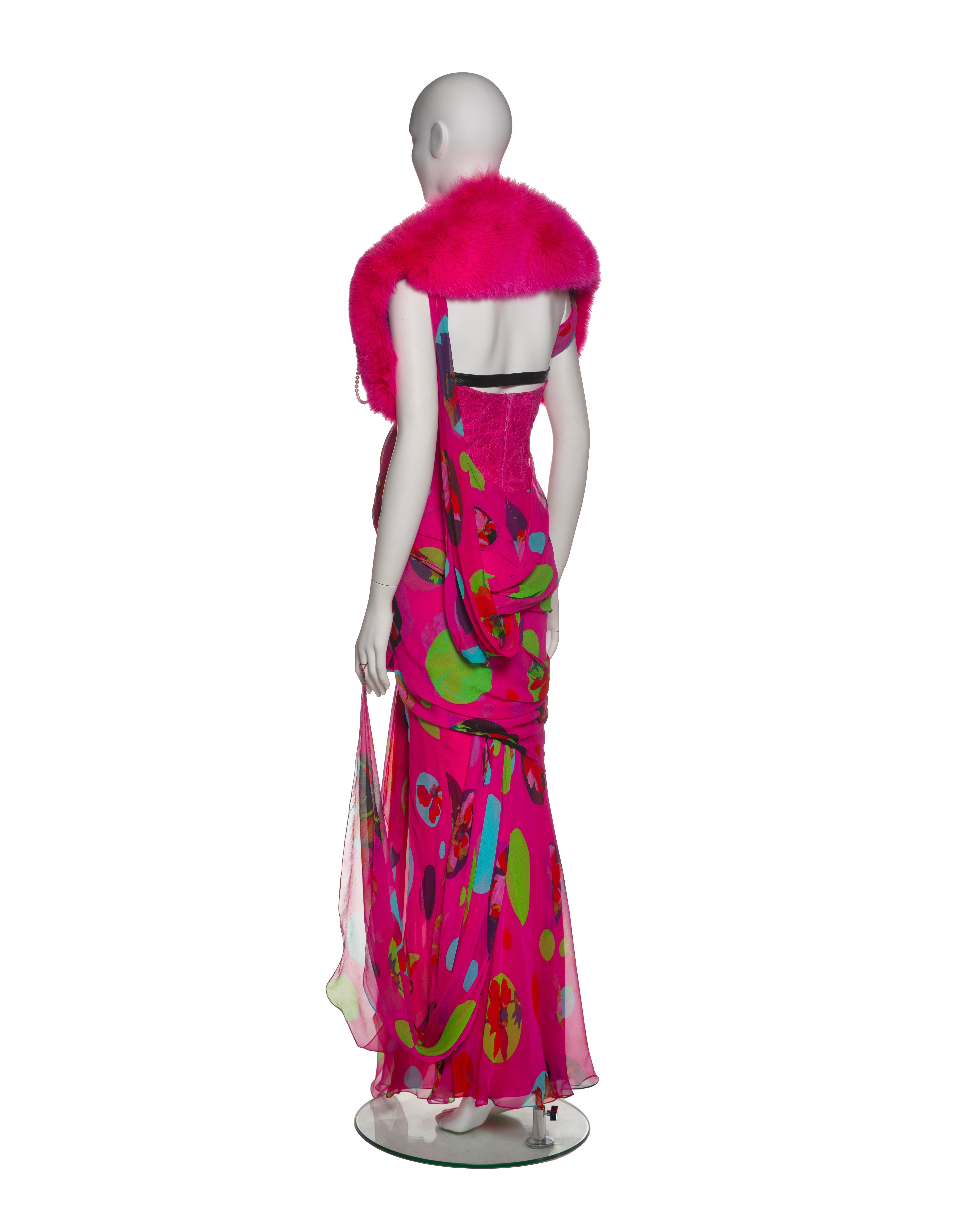 Christian Dior by John Galliano Pink Chiffon Dress, Corset & Fox Fur, SS 2004 7