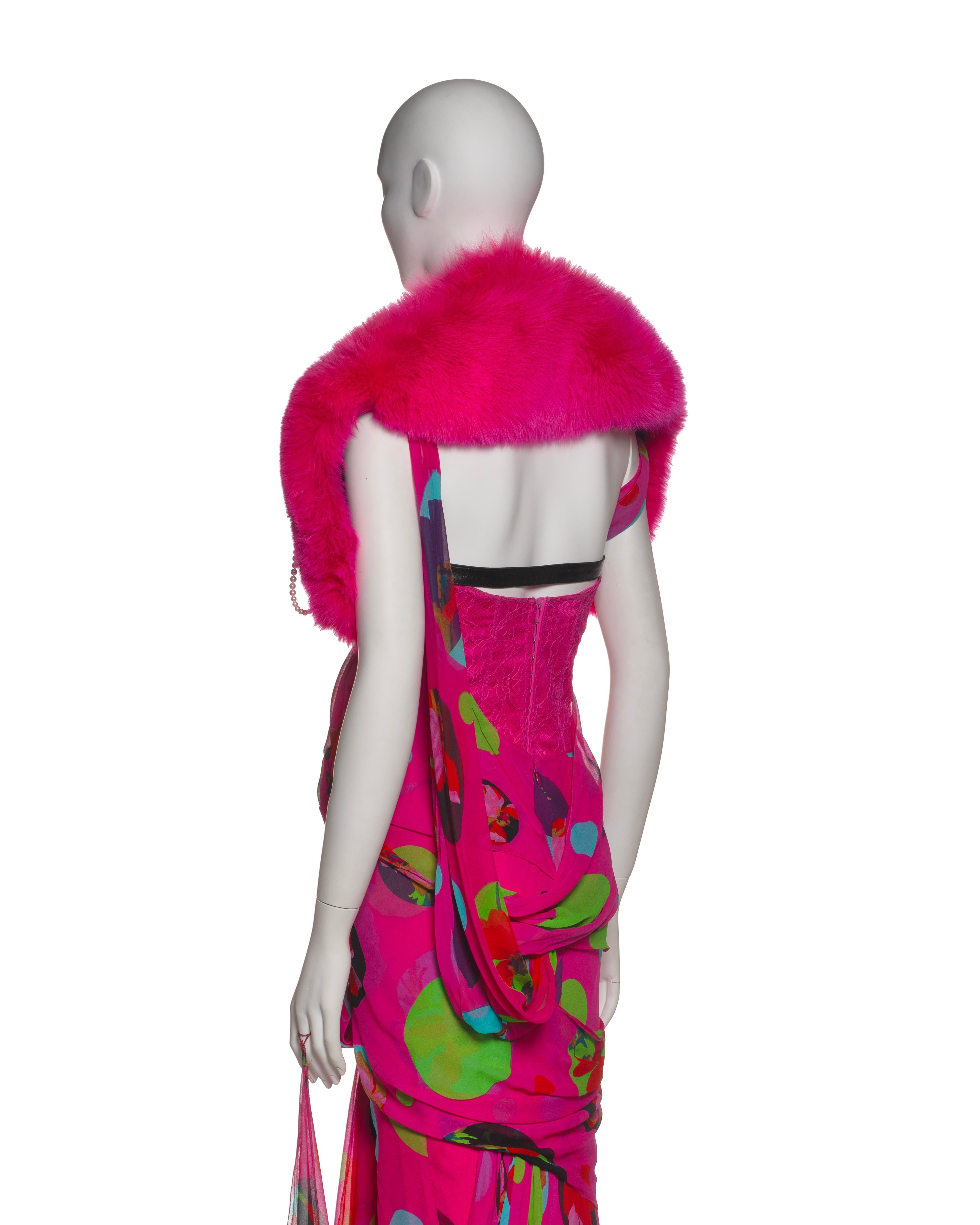 Christian Dior by John Galliano Pink Chiffon Dress, Corset & Fox Fur, SS 2004 8
